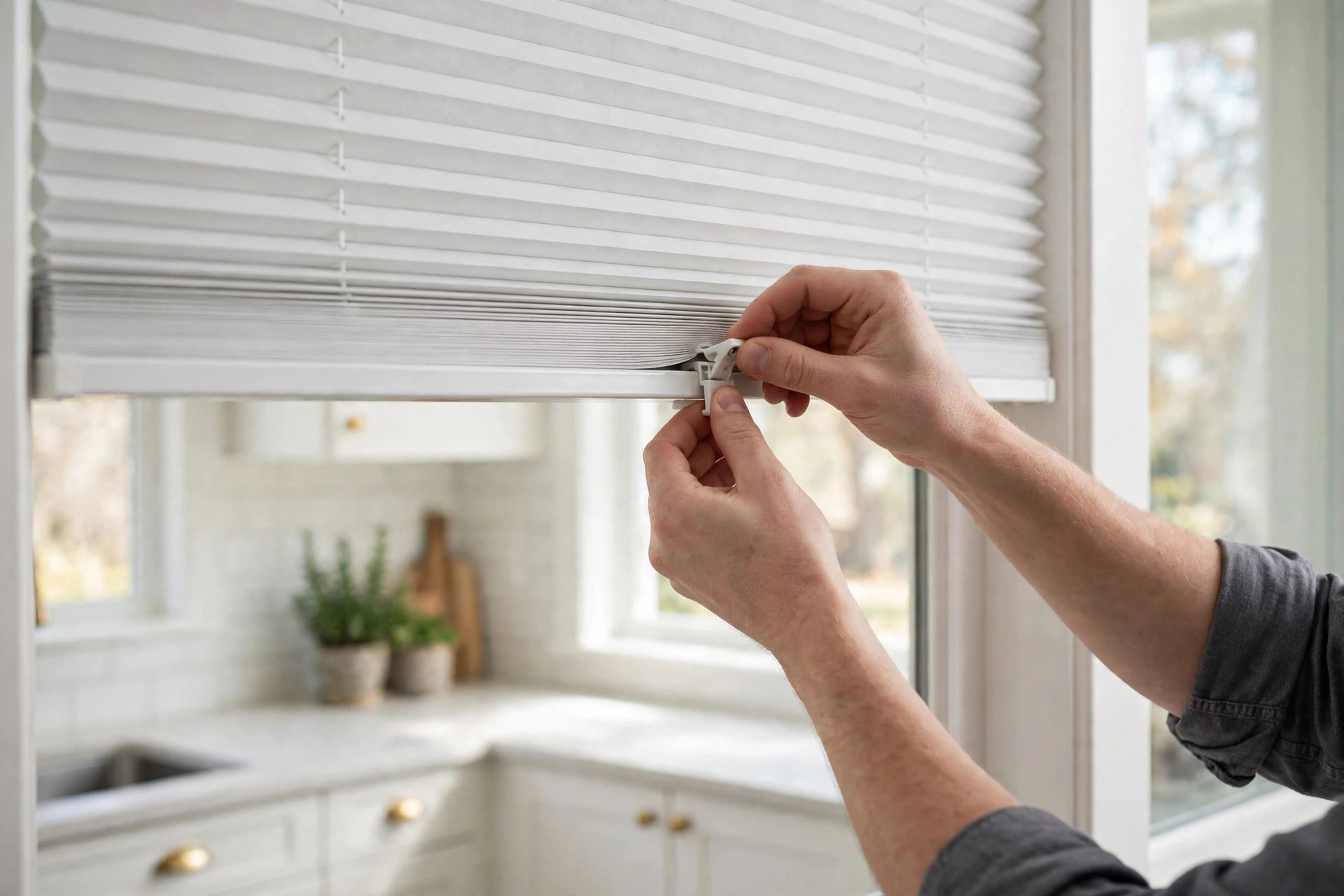 Cordless cellular blind installation on a kitchen window frame in St. Catharines