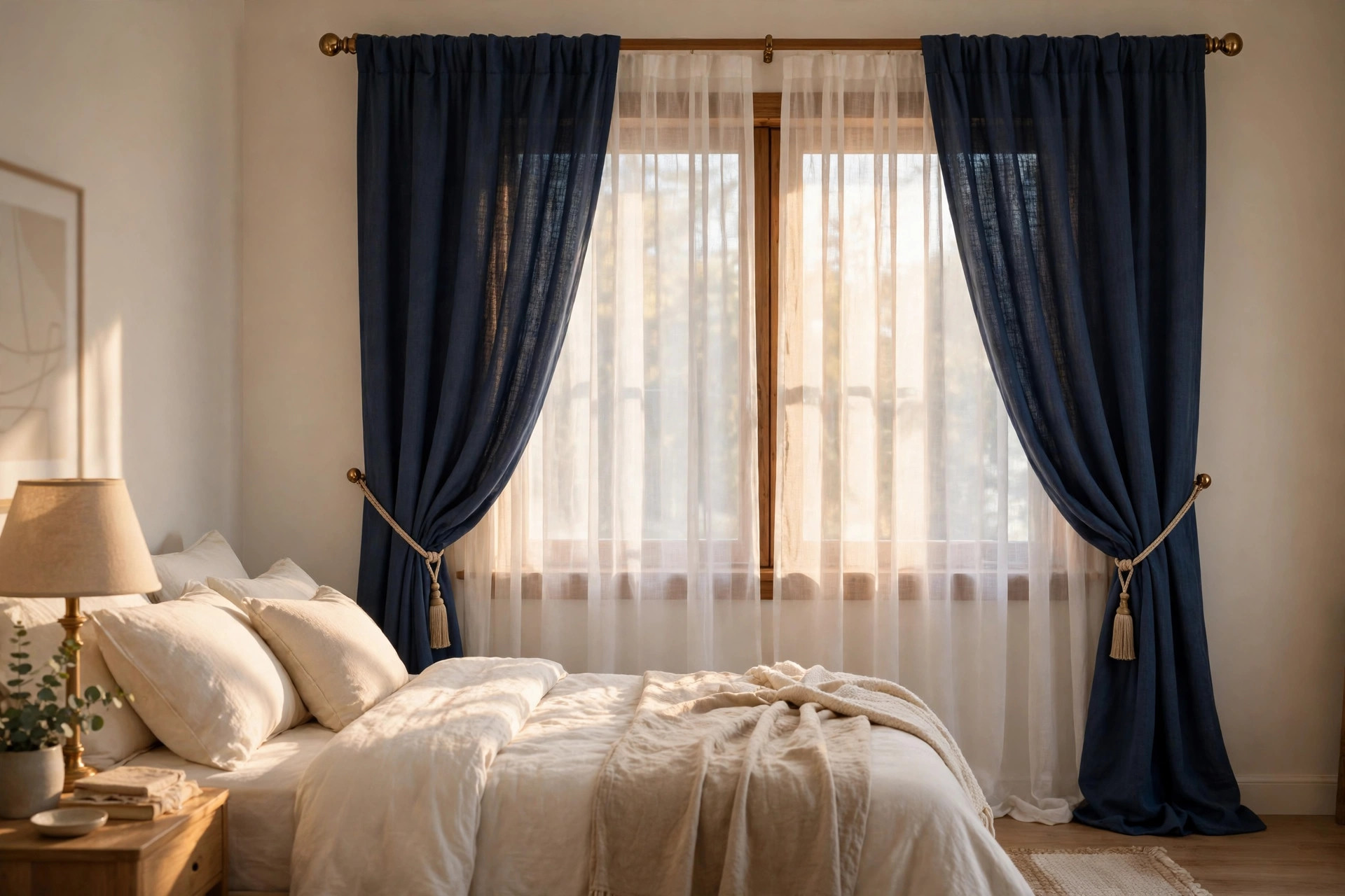 Finished layered sheer and navy drape curtains installed in a St. Catharines bedroom
