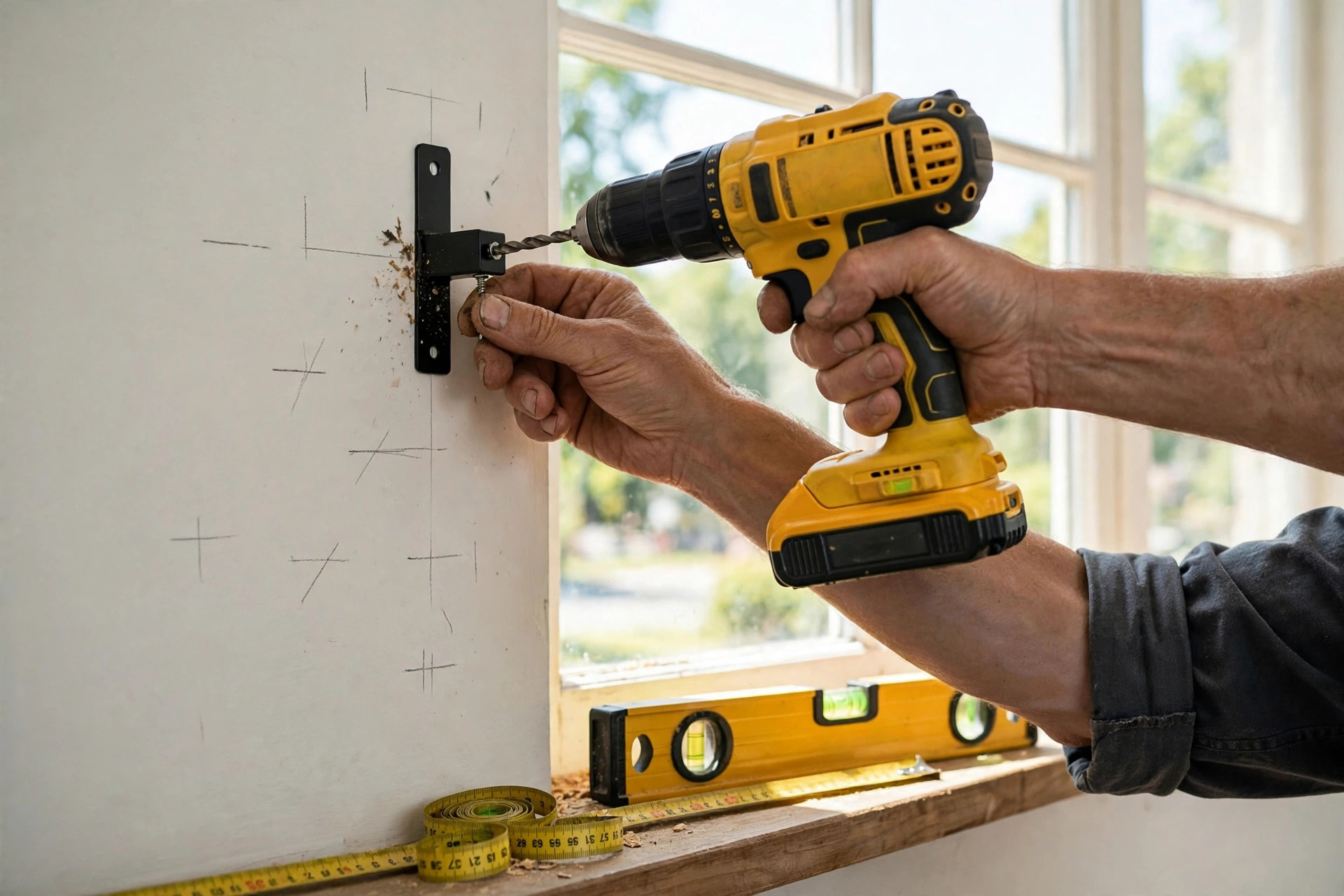 Professional curtain rod bracket installation with drill and level in St. Catharines home