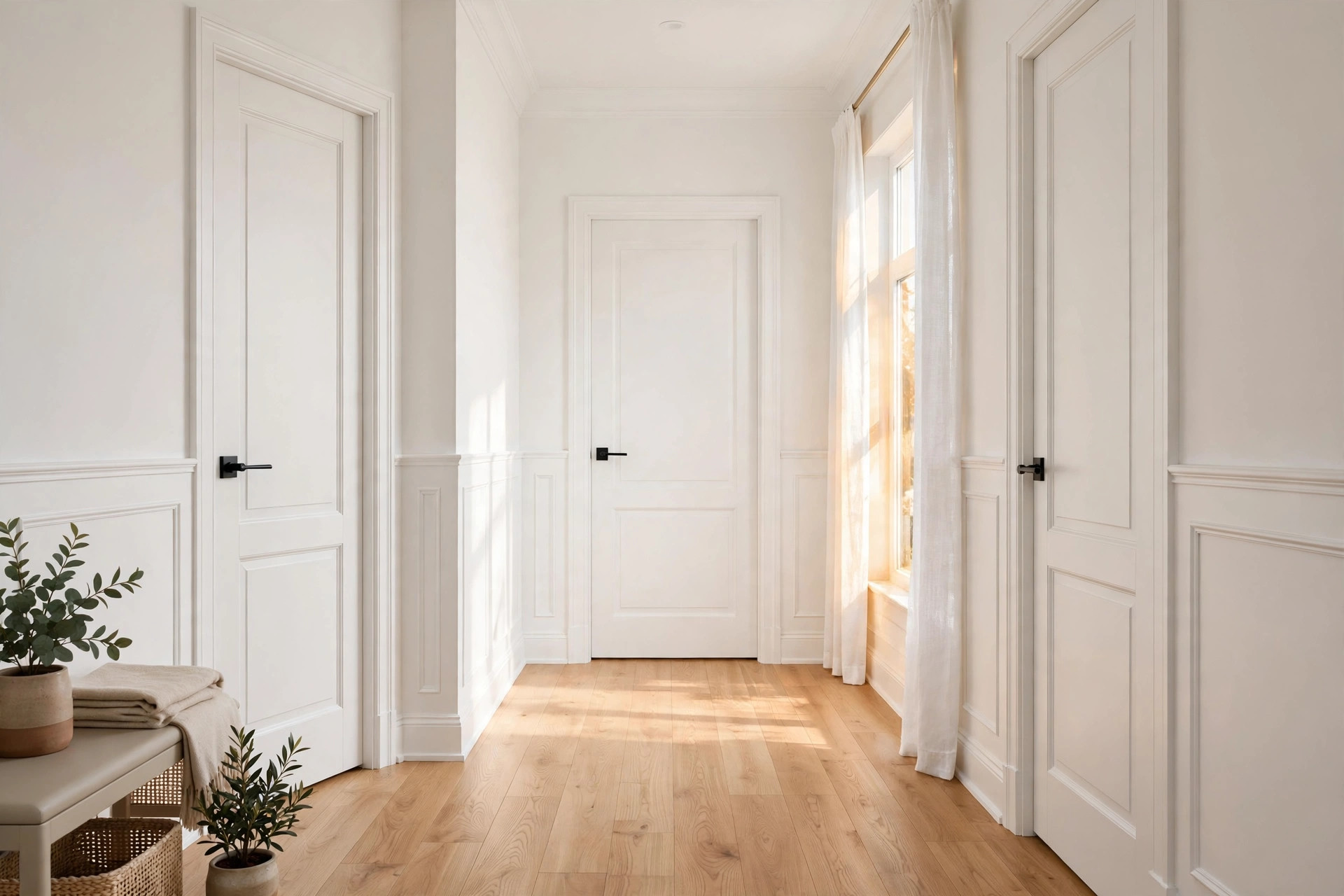 Finished hallway with professionally installed white interior doors after door installation in Niagara