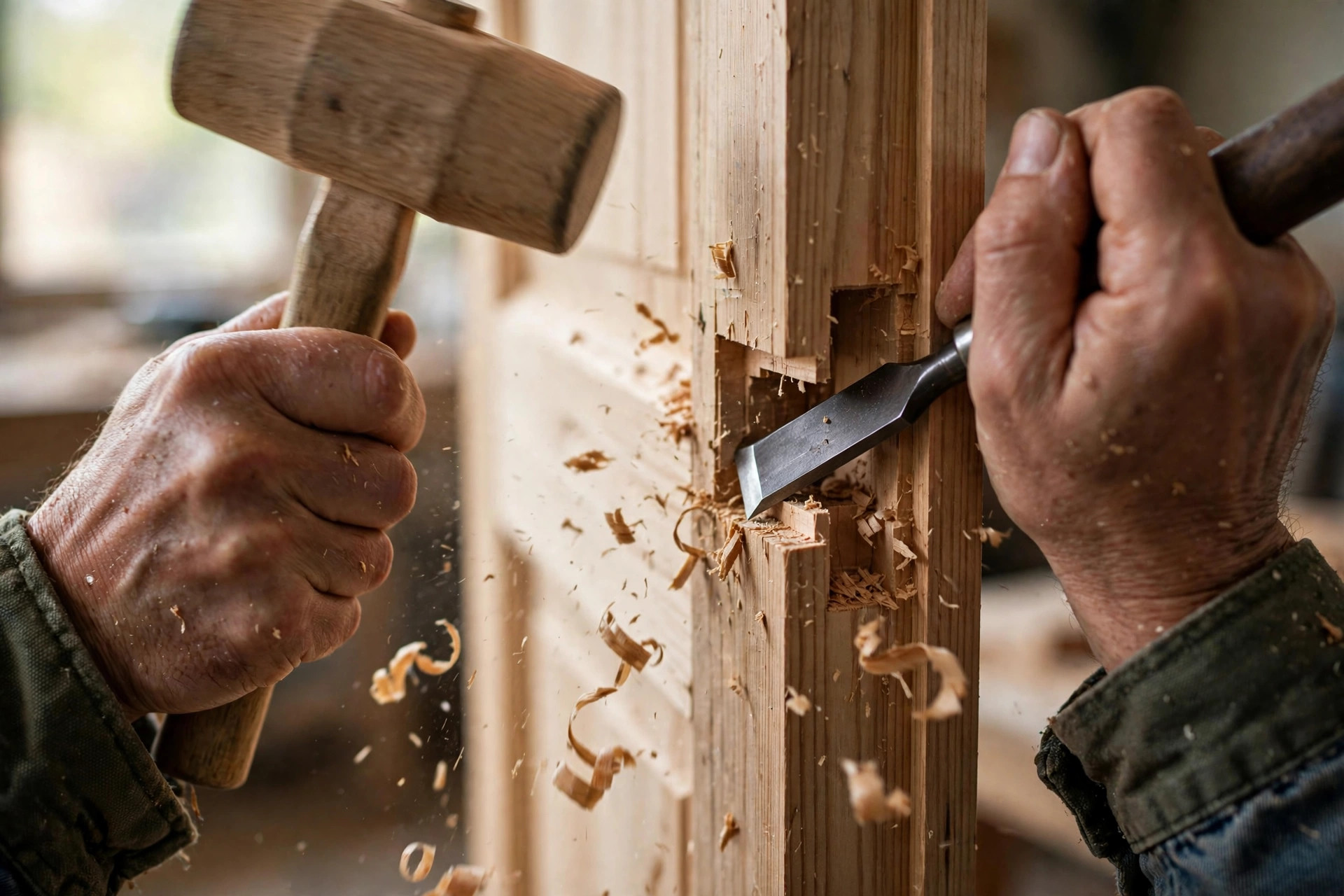 Craftsman chiseling a hinge mortise into a wooden door during door installation in Niagara