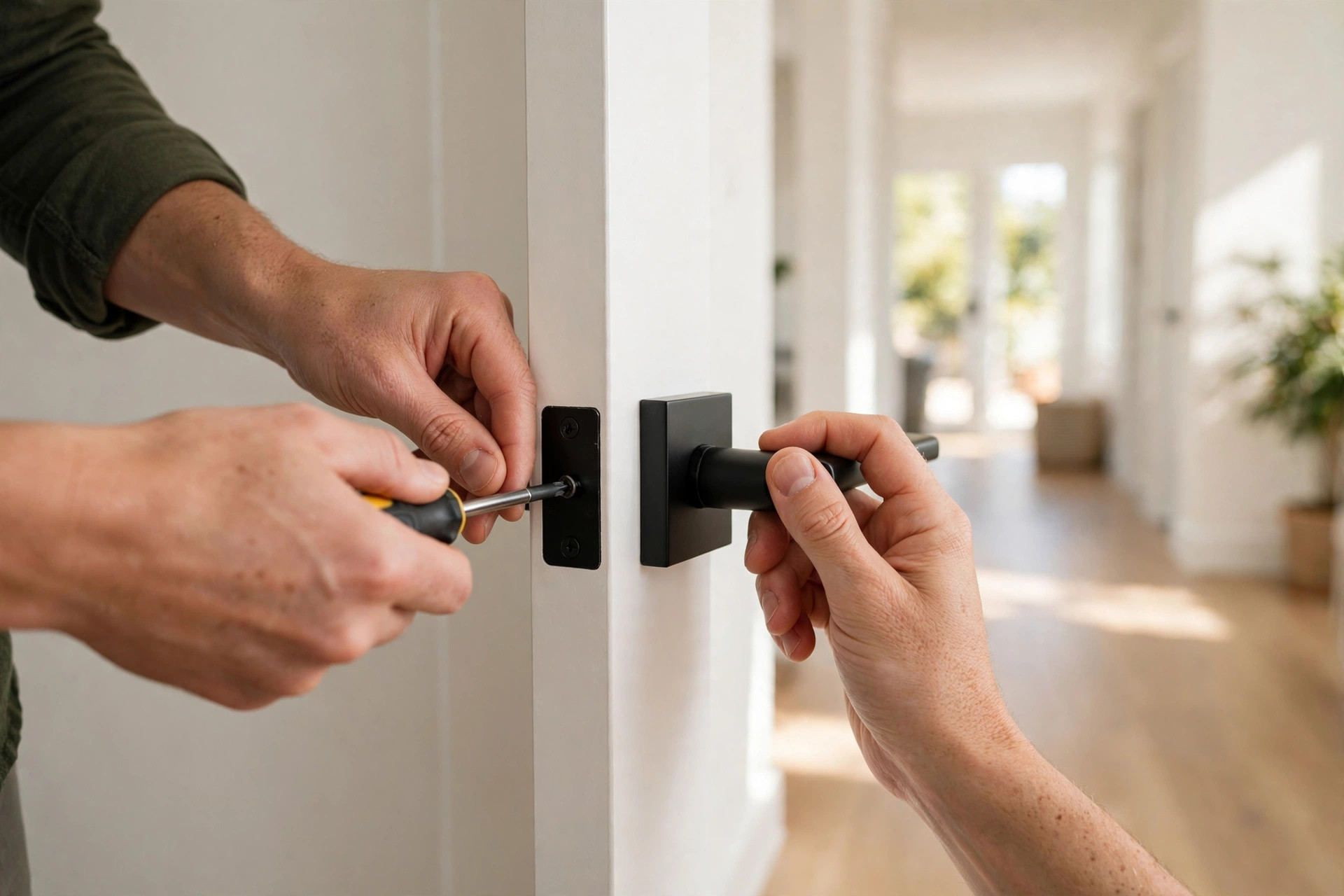 Installing a modern matte-black door lever handle during door installation in Niagara