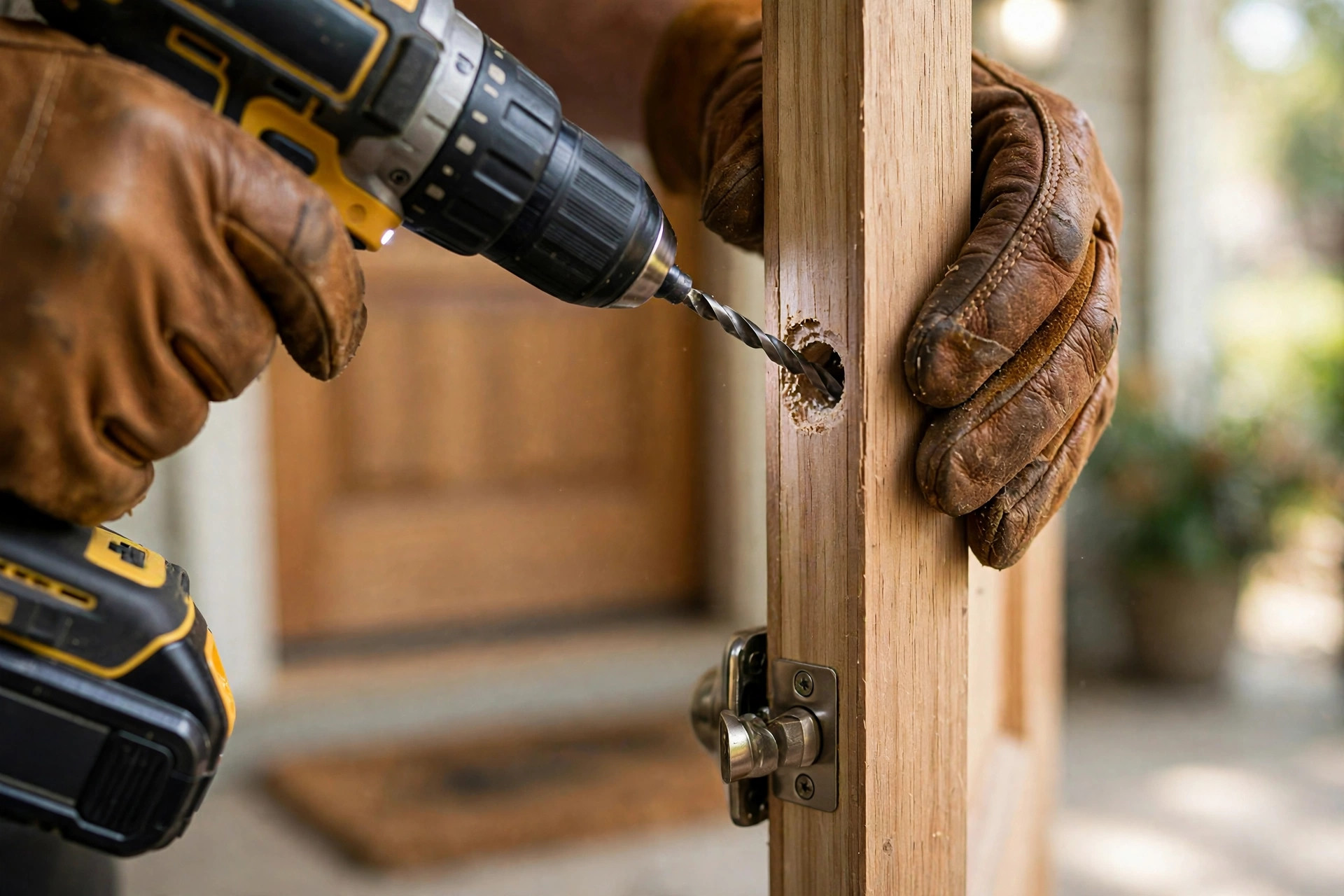Handyman drilling a lock hole in a wooden front door during door lock installation in Niagara