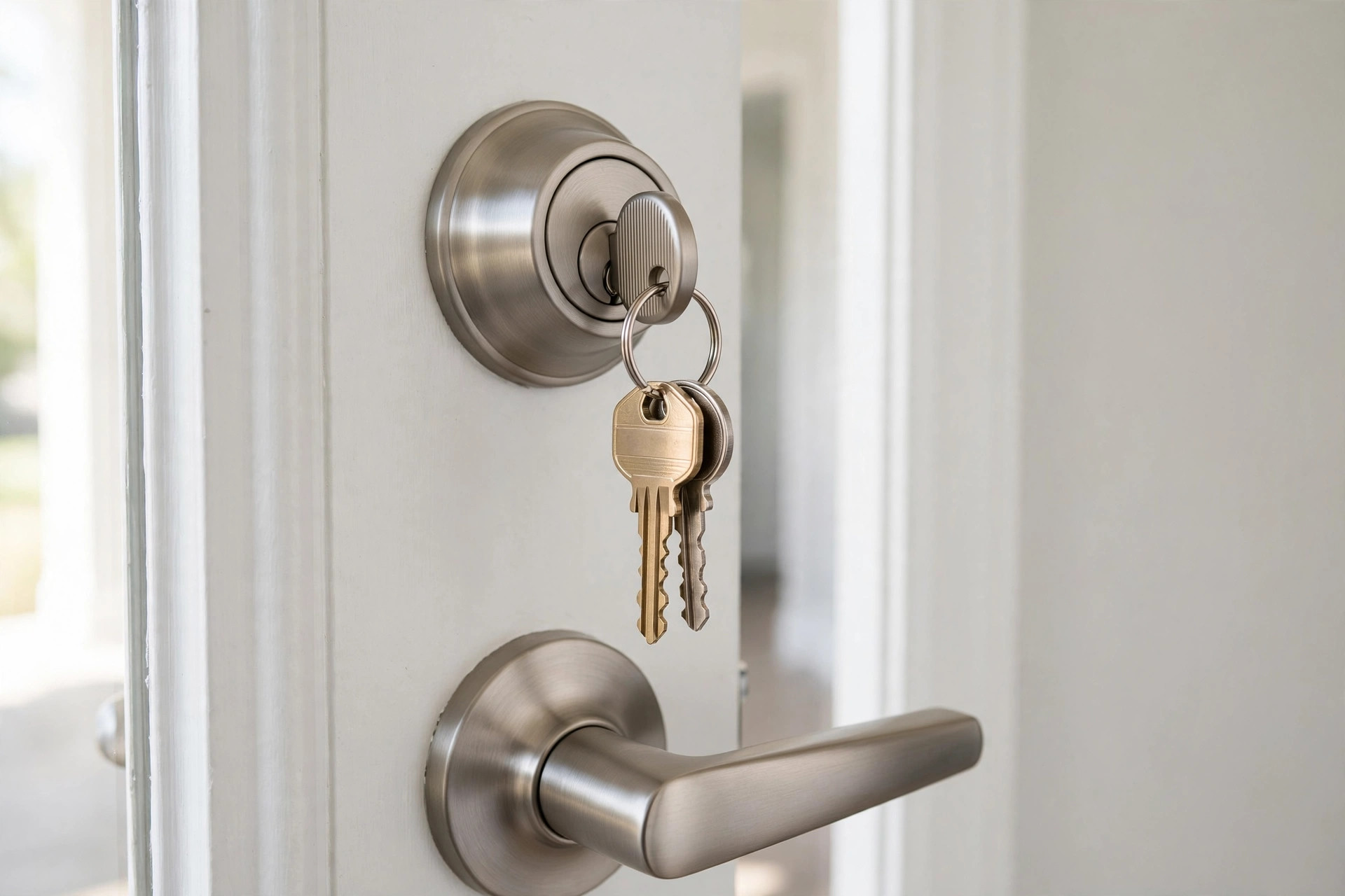 Newly installed brushed-nickel deadbolt with keys on a front door after professional door lock installation in Niagara