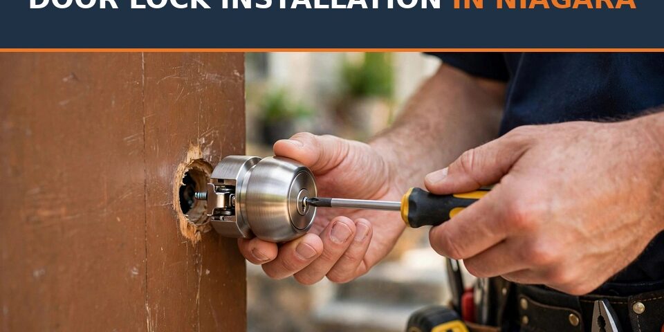 Door lock installation in Niagara — BuildNest handyman installing a new deadbolt on a front door