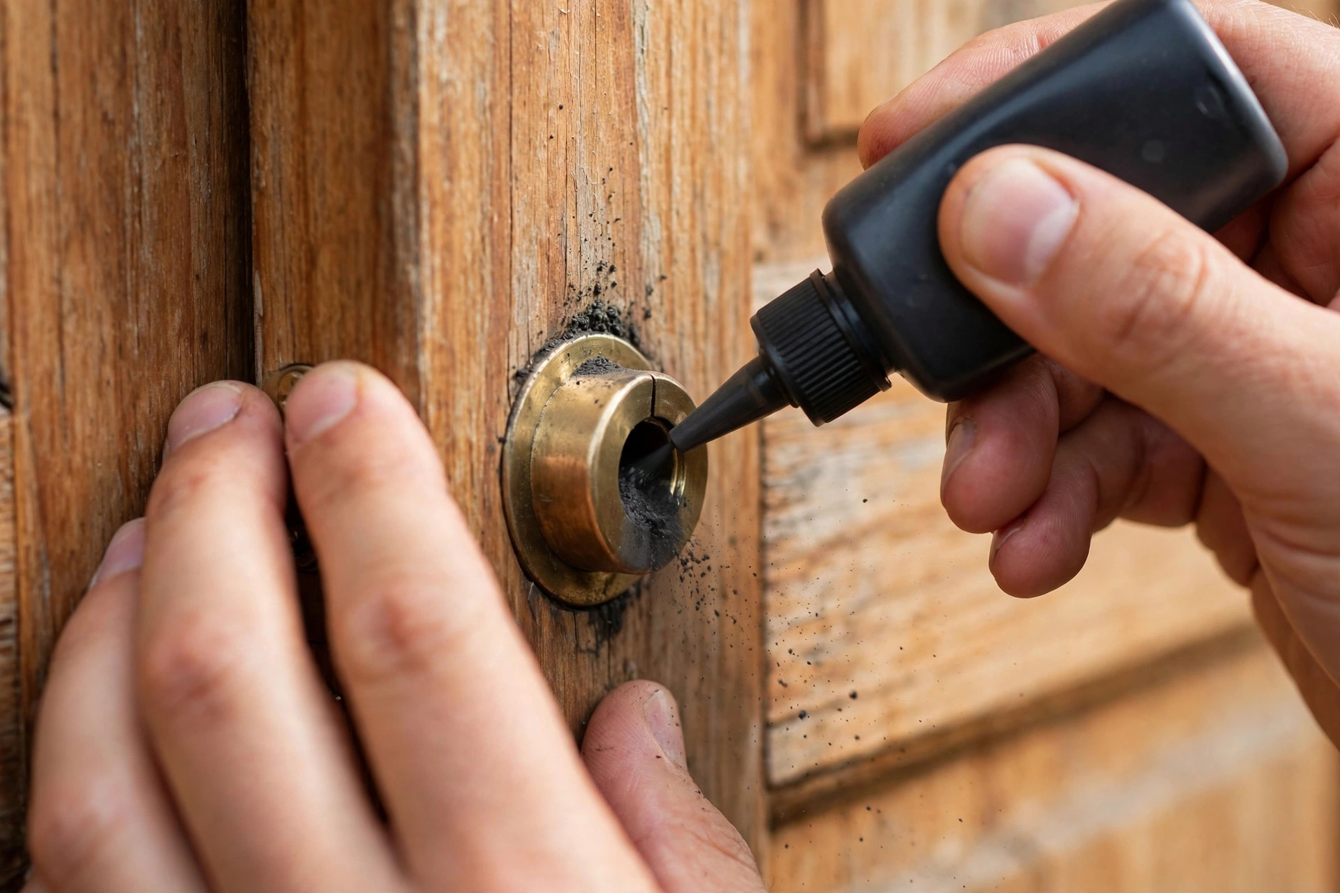 Gloved hand turning a key in a frost-covered deadbolt during door lock installation prep in Niagara Falls