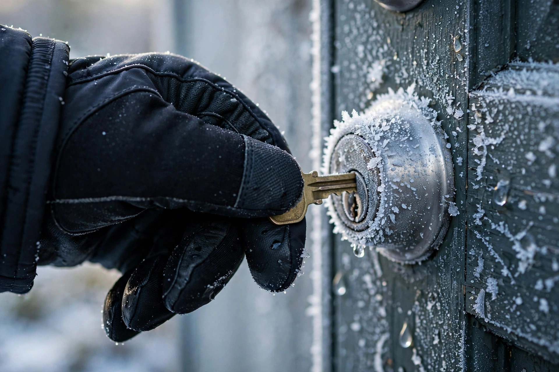 Applying dry graphite lubricant into a door lock cylinder for winter door lock maintenance in Niagara Falls