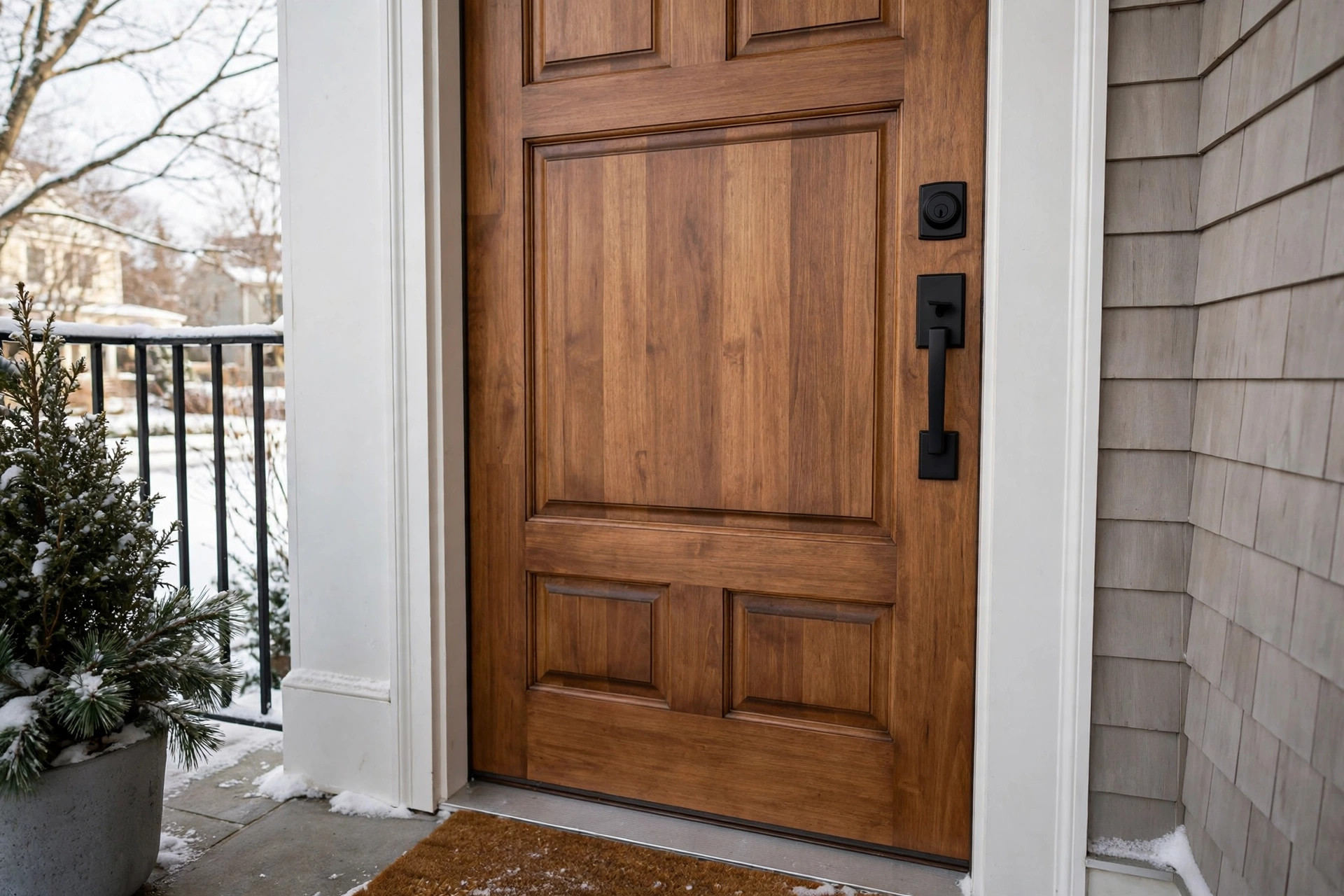 New matte black deadbolt and handle set on a front door after professional door lock installation in Niagara Falls
