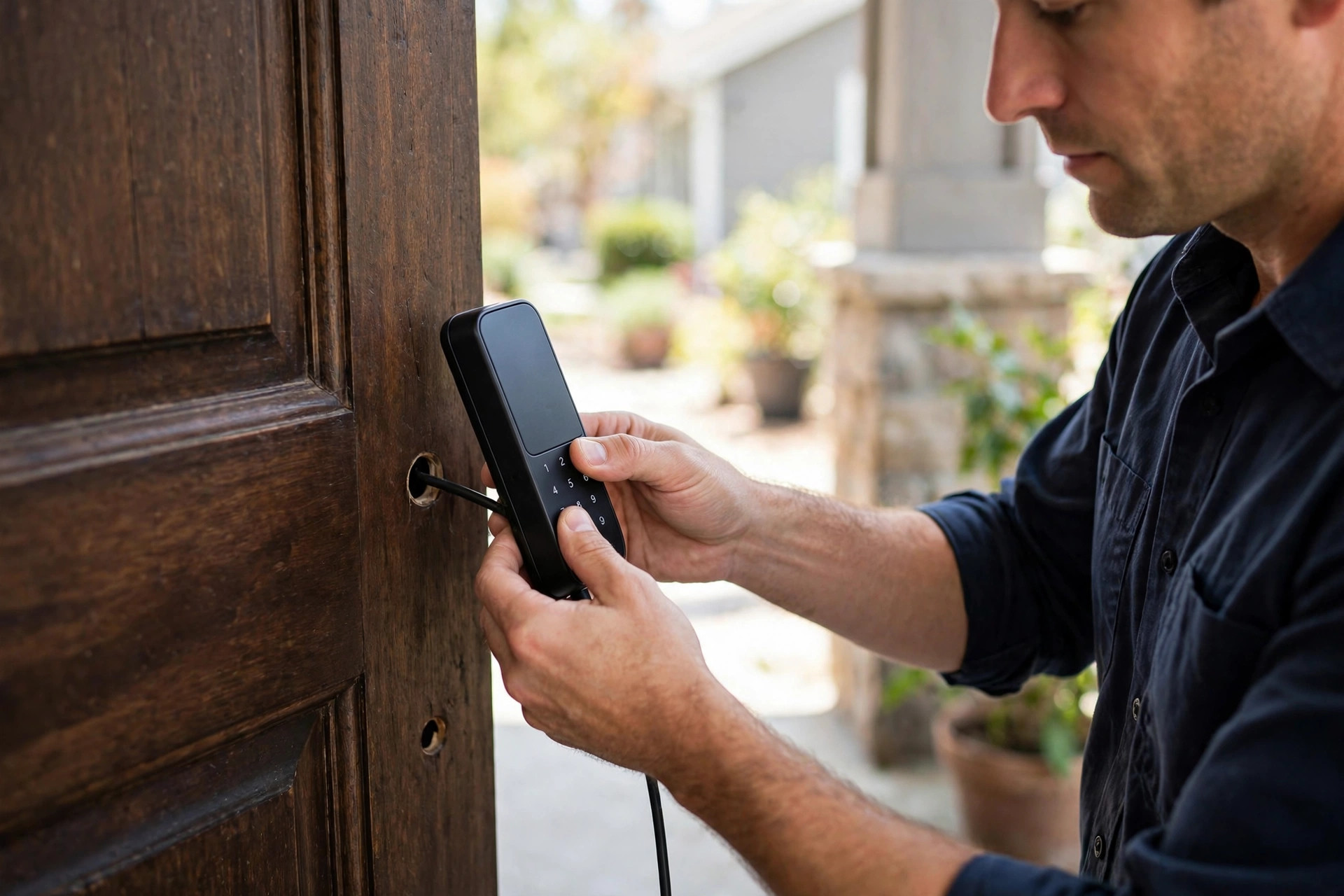 Installer mounting a smart keypad deadbolt on a front door during door lock installation in Niagara