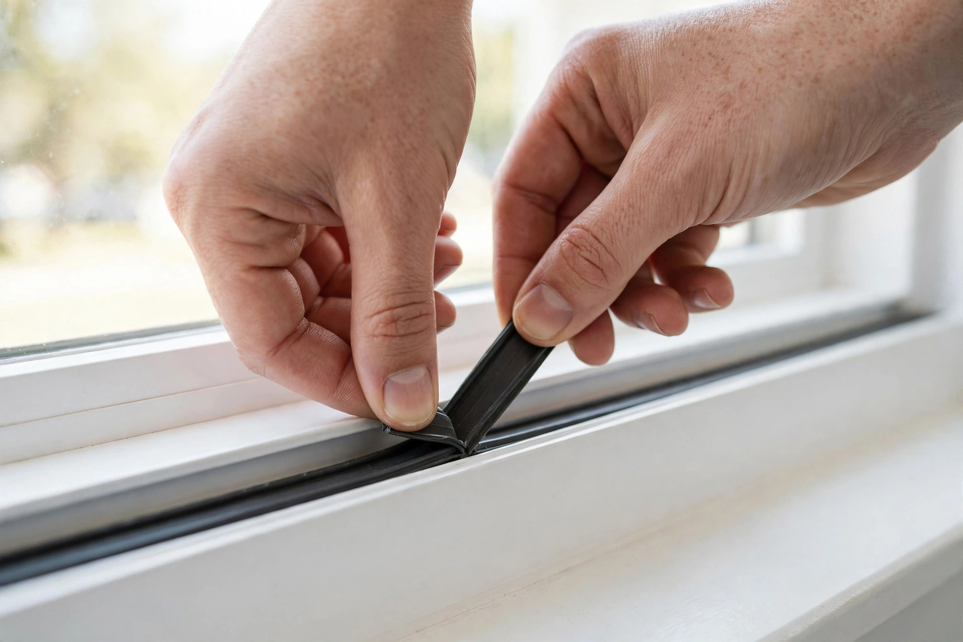 Applying adhesive V-strip weatherstripping to a window sash for draft proofing windows in Canada