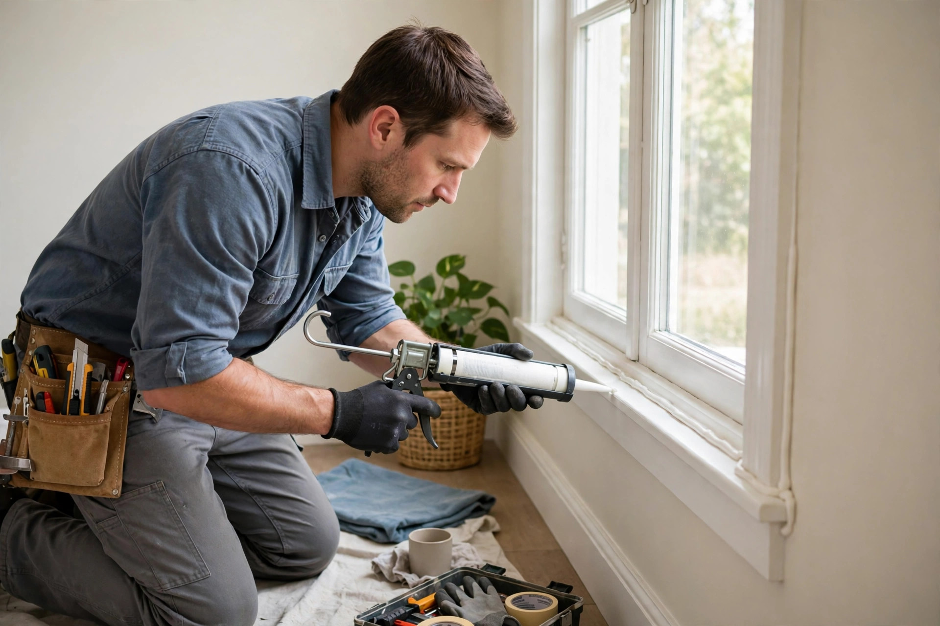 Caulking gaps around a window frame to stop winter drafts
