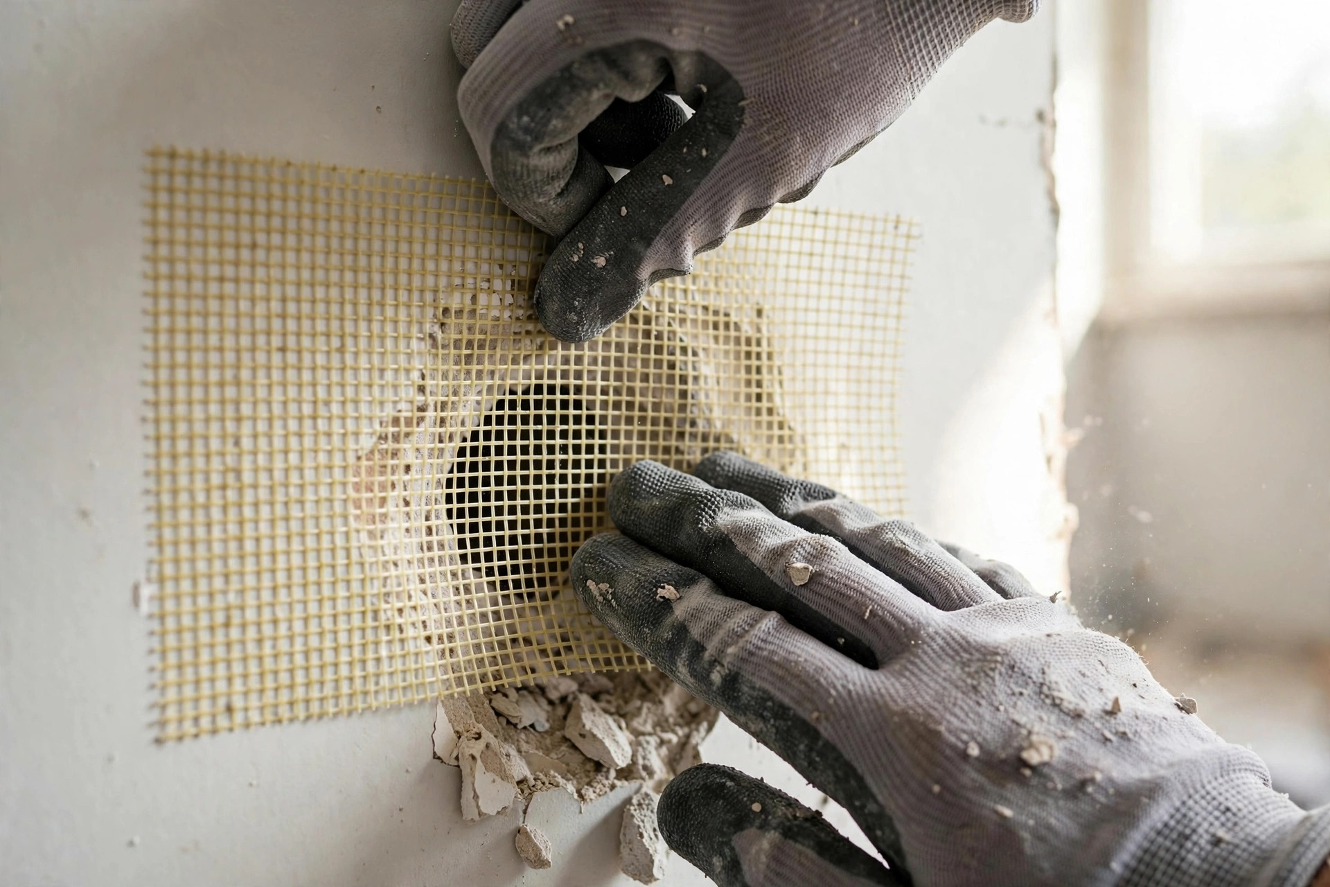 Handyman pressing self-adhesive mesh tape over a hole during drywall repair in Niagara
