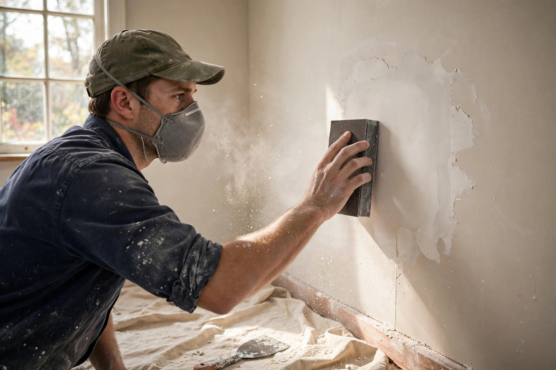 Handyman in a dust mask sanding a fresh drywall patch during drywall repair in Niagara