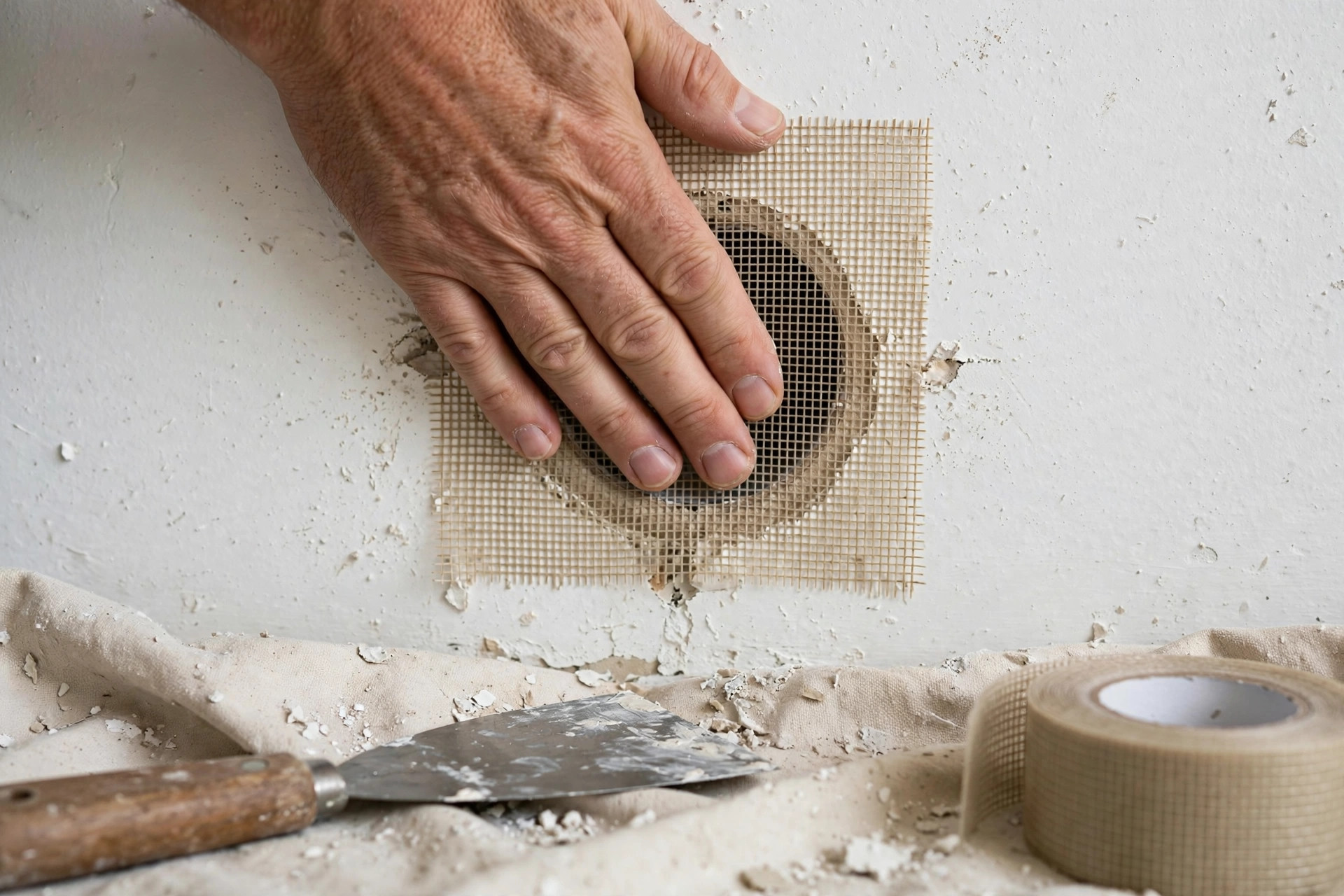 Applying a mesh patch during drywall repair in Southwestern Ontario