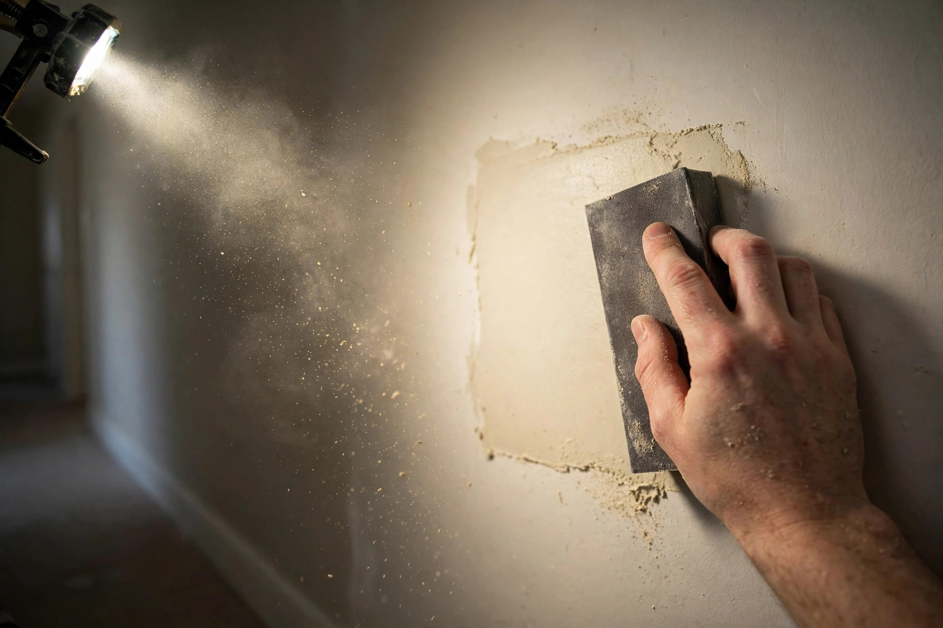 Sanding a repaired drywall section before priming in Southwestern Ontario