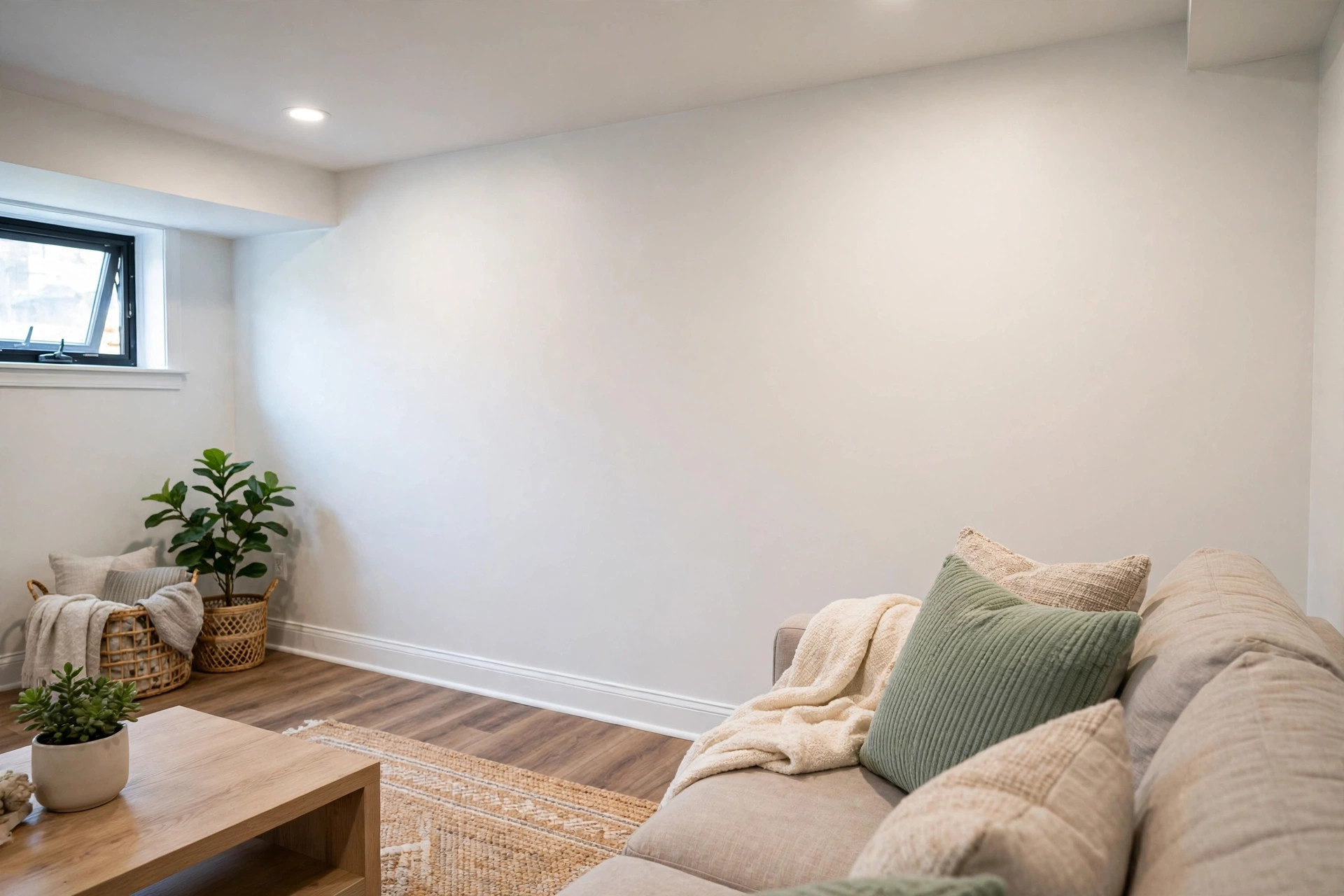 Finished drywall repair in a Welland basement with smooth painted walls — drywall repair Welland