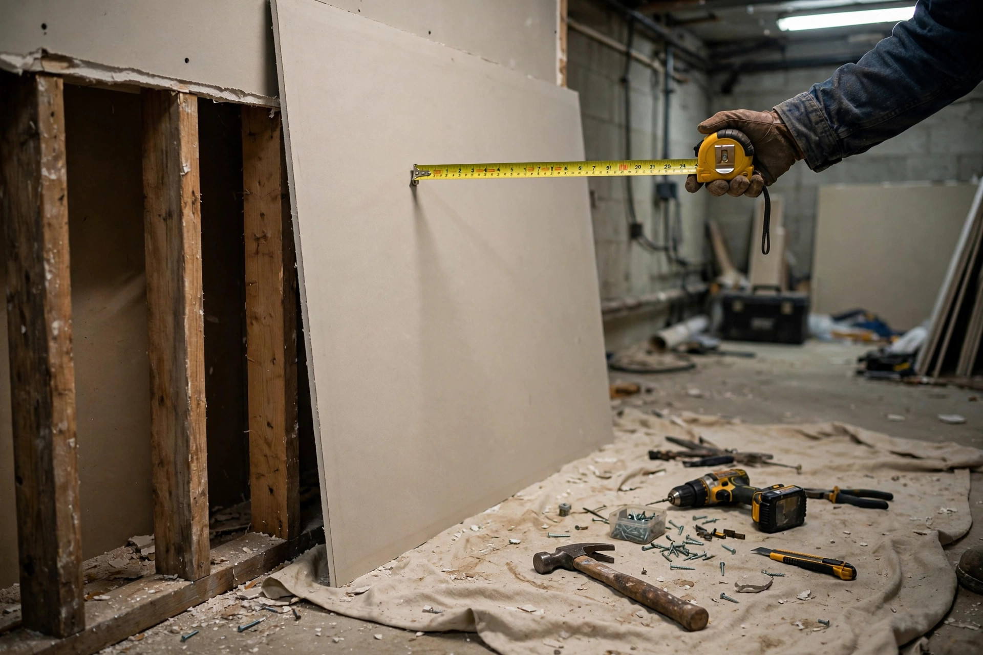 Handyman measuring new drywall for flood repair in a Welland basement with exposed studs — drywall repair Welland