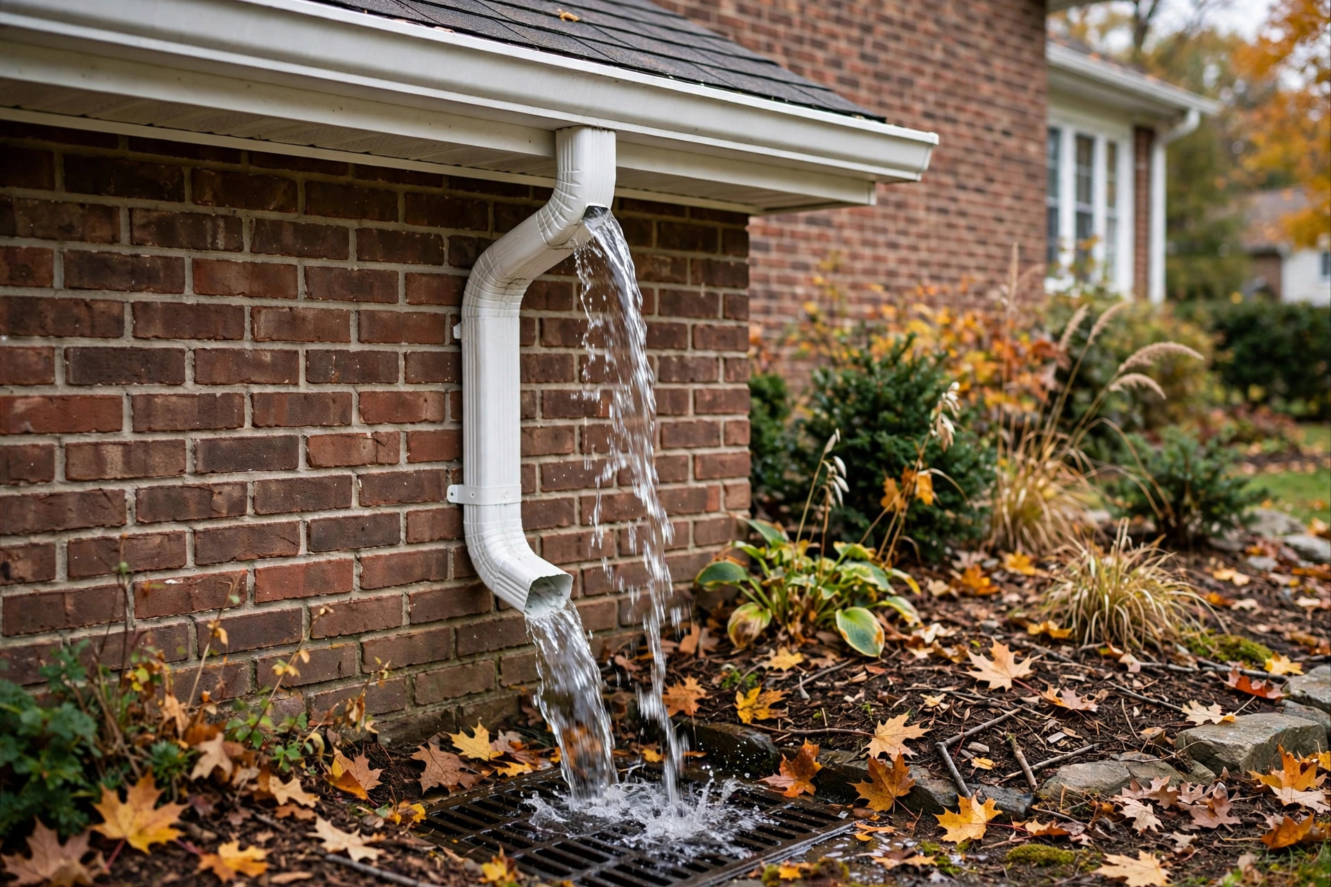 Clean eavestrough and downspout draining freely after eavestrough cleaning in Niagara