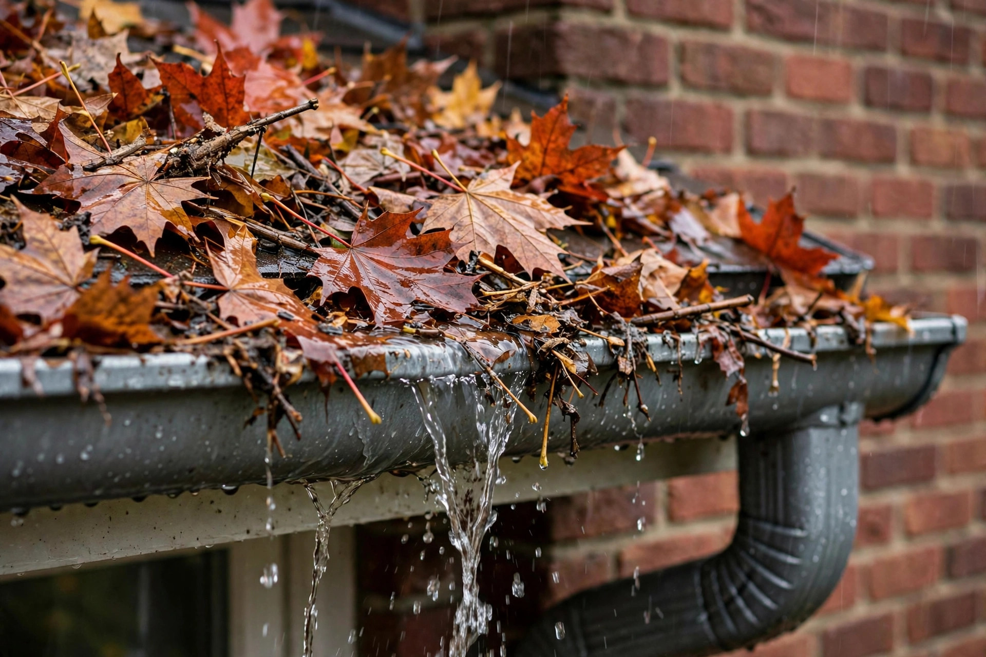 Clogged eavestrough overflowing with wet autumn leaves during a fall rainstorm in Niagara