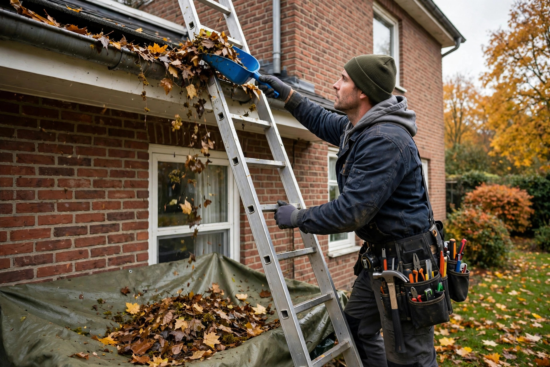 Professional eavestrough cleaning from an extension ladder on a Niagara home during autumn