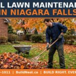 Fall lawn maintenance in Niagara Falls — BuildNest handyman raking autumn leaves