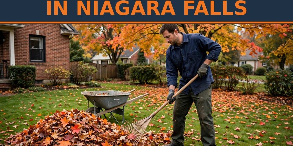 Fall lawn maintenance in Niagara Falls — BuildNest handyman raking autumn leaves