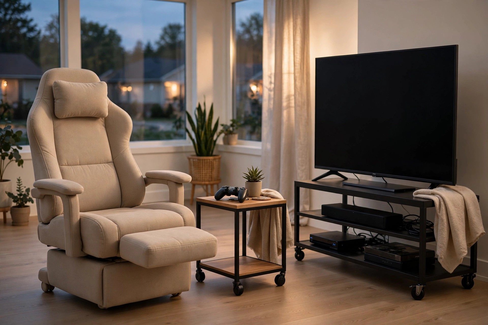 Finished gaming lounge chair beside a TV on a rolling stand after gaming furniture assembly in Ontario