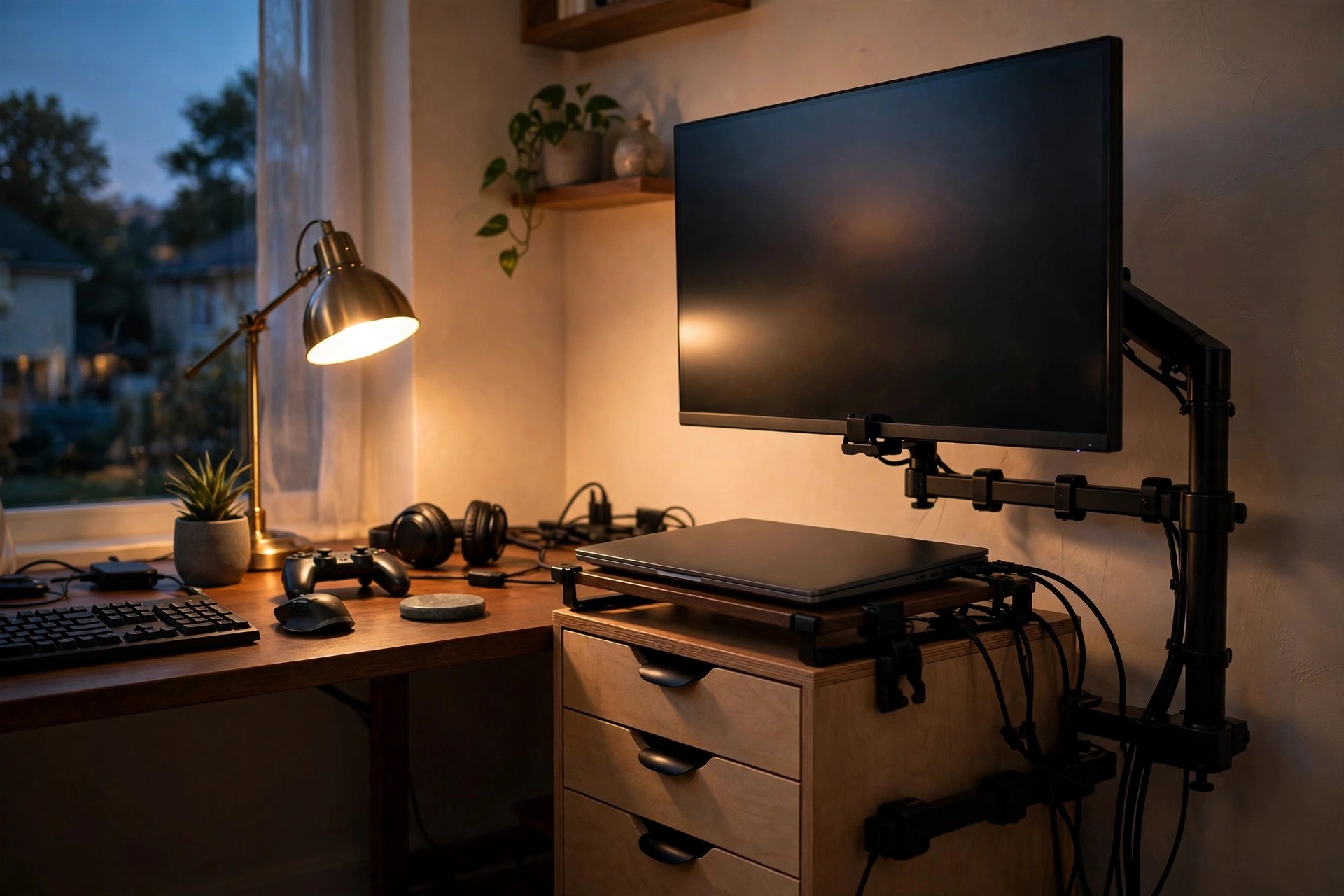 Organized gaming desk corner with a monitor on an adjustable stand and laptop on a support with storage after gaming furniture assembly in Ontario