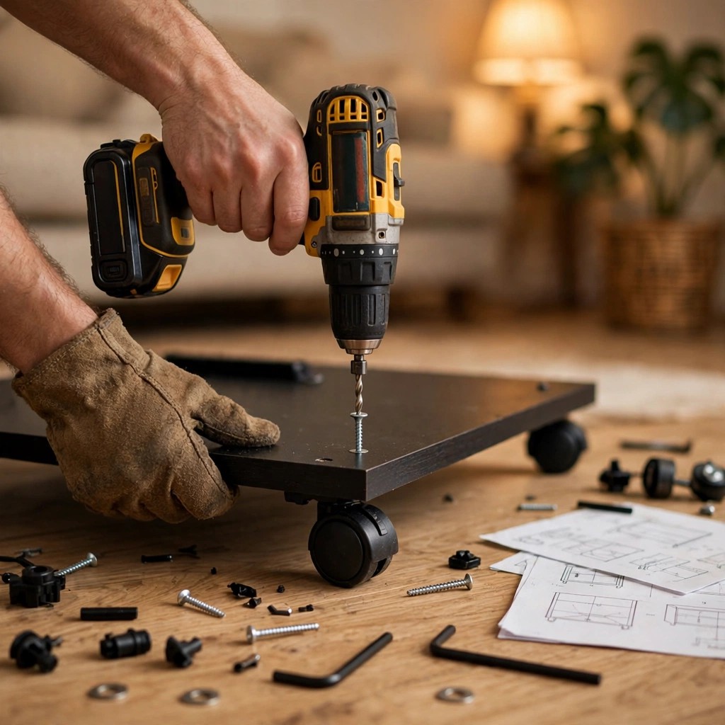 Assembling a rolling TV stand during gaming furniture assembly in Ontario — drill, screws and flat-pack hardware on a living room floor