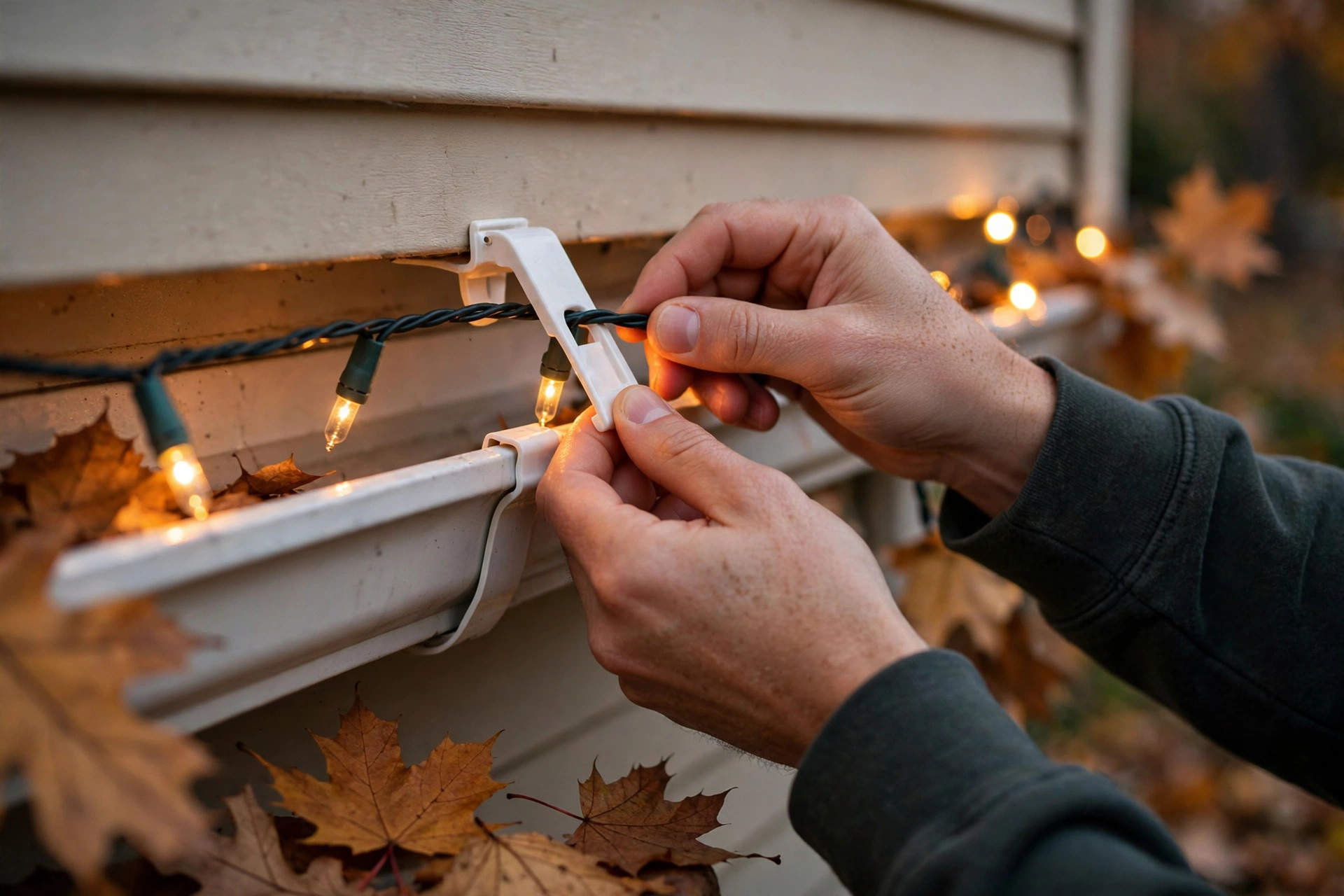 Hands attaching Halloween string lights to a gutter with damage-free clips during Halloween decorating in St. Catharines