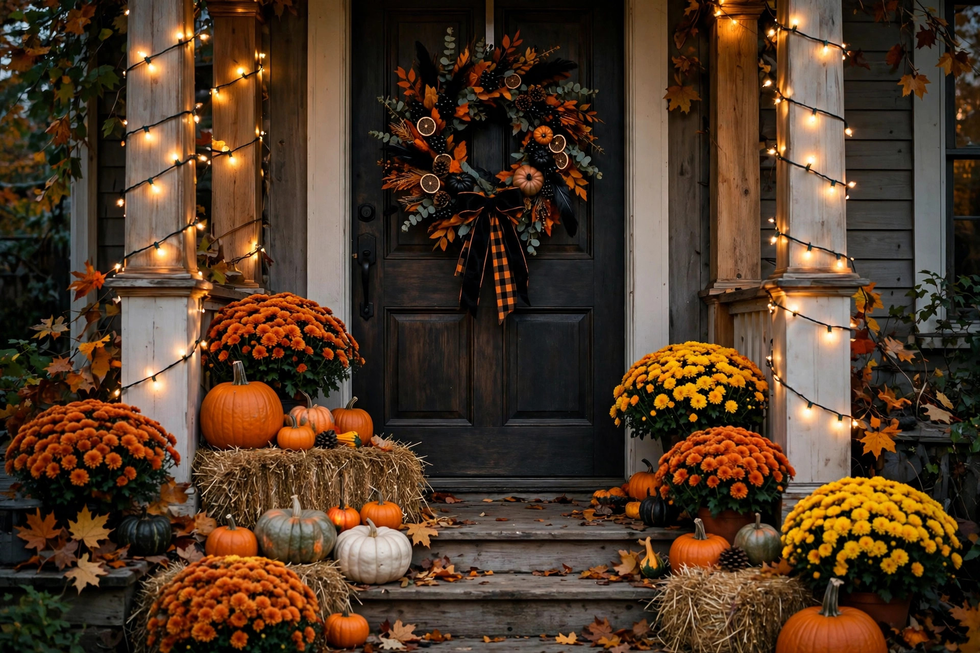 Front porch with Halloween wreath, pumpkins and string lights during Halloween decorating in St. Catharines