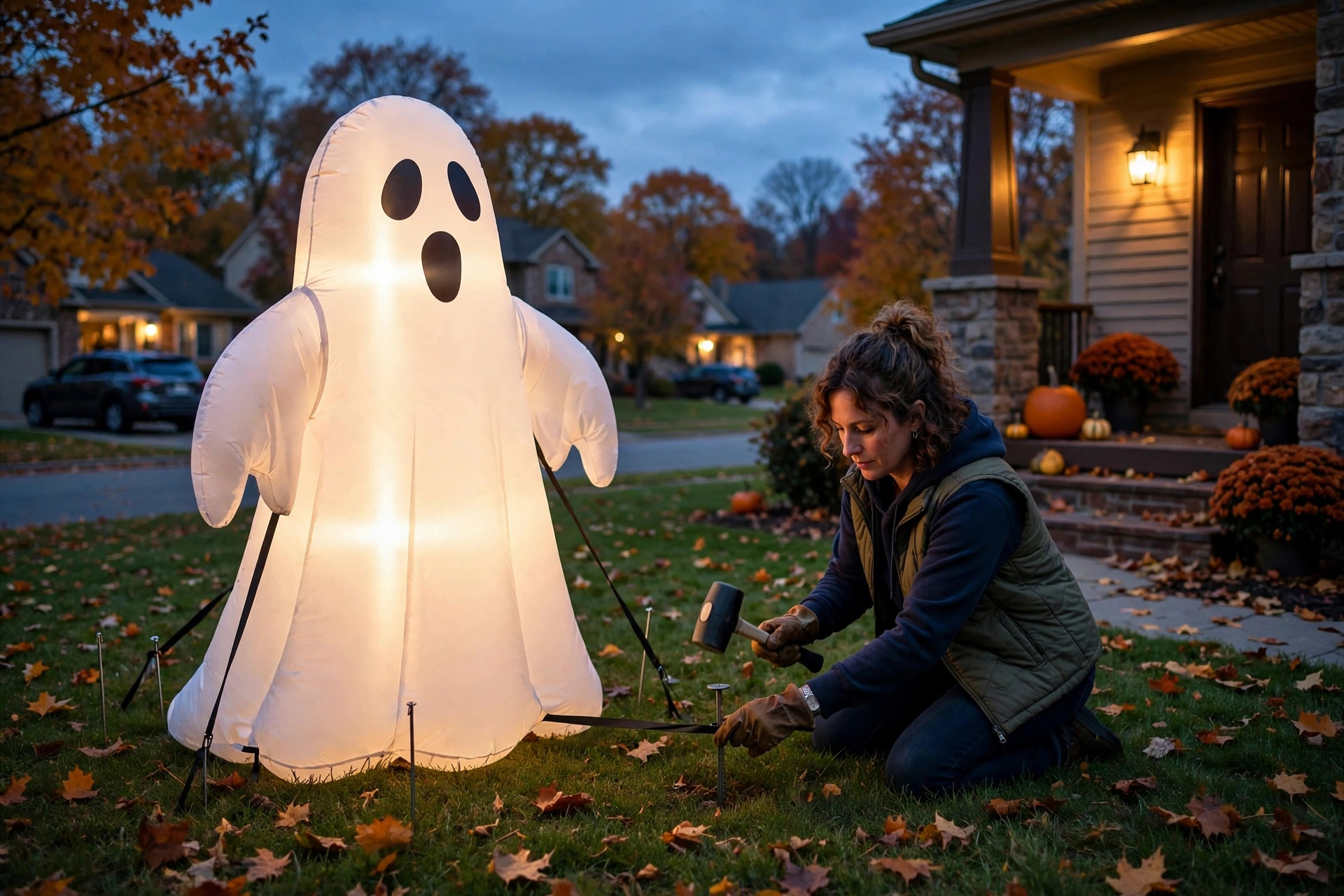 Homeowner anchoring a light-up Halloween inflatable ghost in the yard during Halloween decorating in St. Catharines