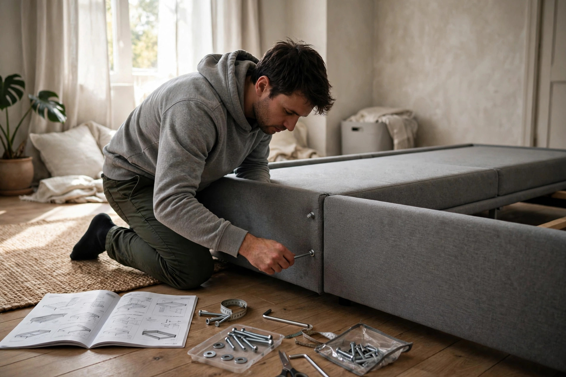 Handyman tightening bolts on grey fabric flat-pack bed frame — furniture assembly Ontario