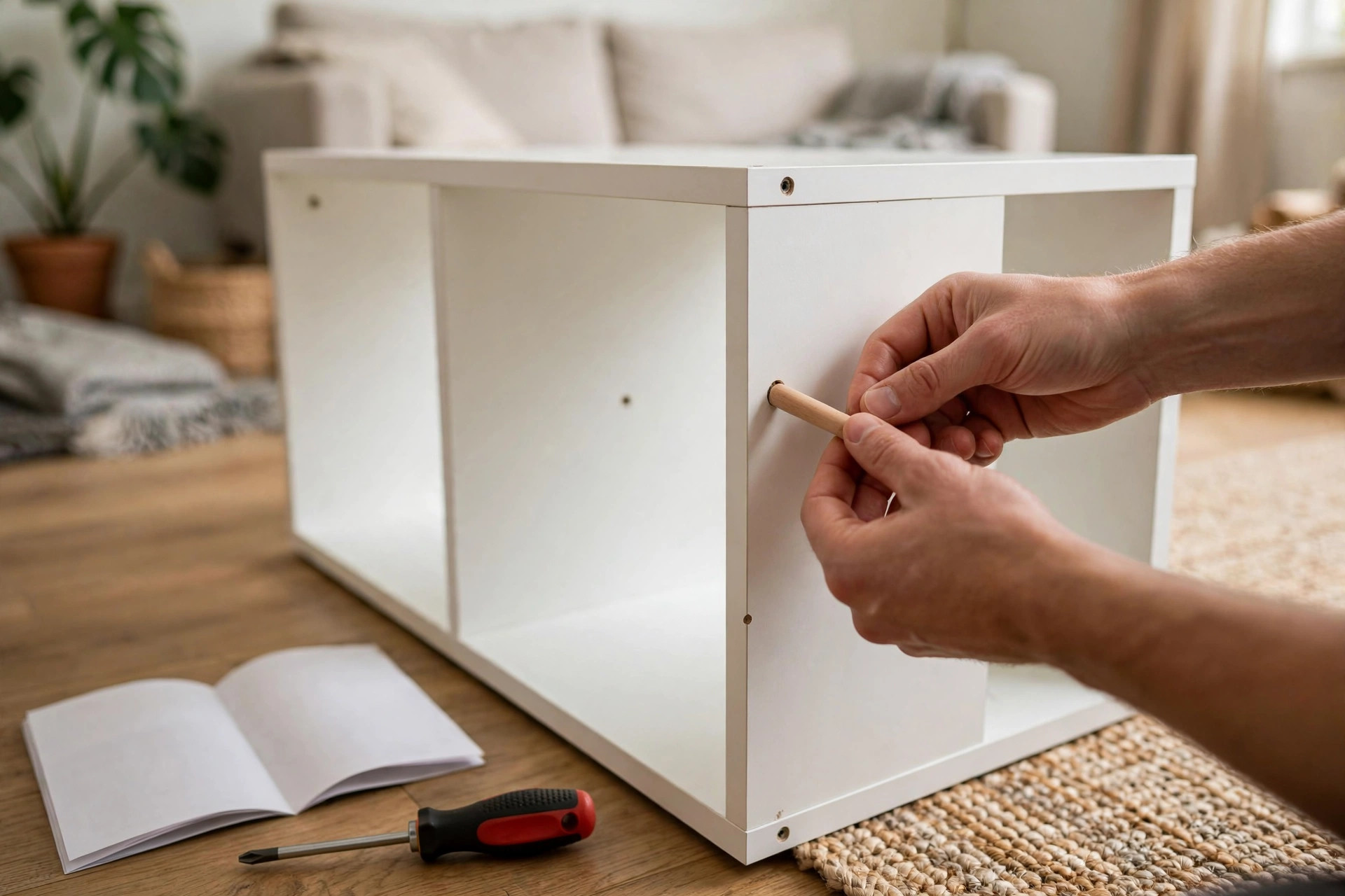 Cube shelving unit being assembled with wooden dowel during IKEA 50th anniversary sale furniture assembly Ontario