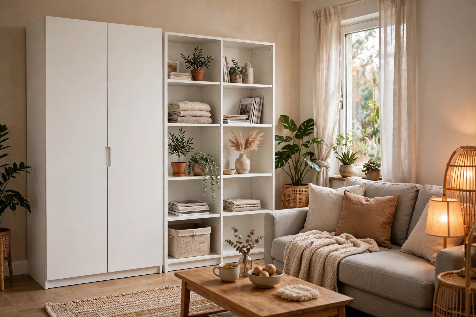 Finished living room with newly assembled flat-pack wardrobe and shelving unit from furniture assembly Ontario service