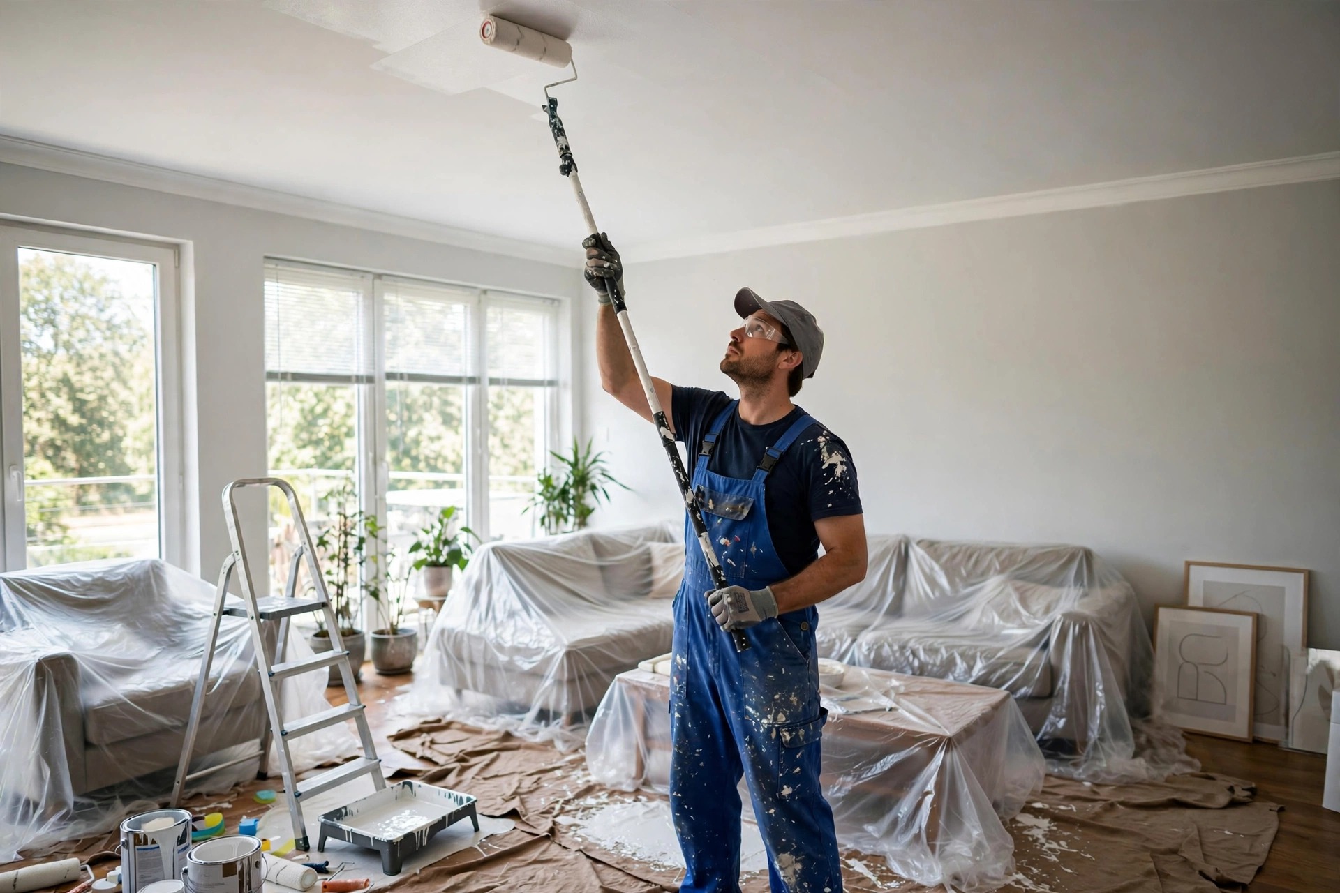 Professional painter painting a ceiling with a roller on an extension pole in a Niagara home