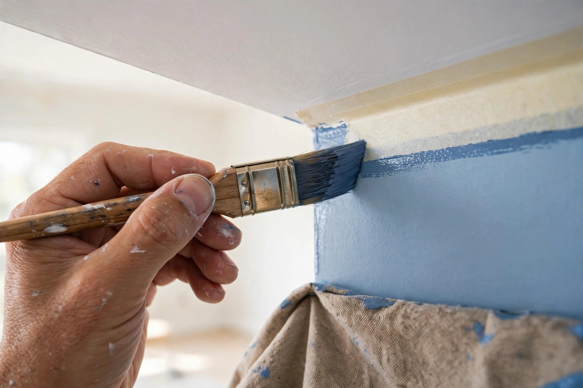 Painter cutting in crisp edges with an angled brush during interior painting in Niagara