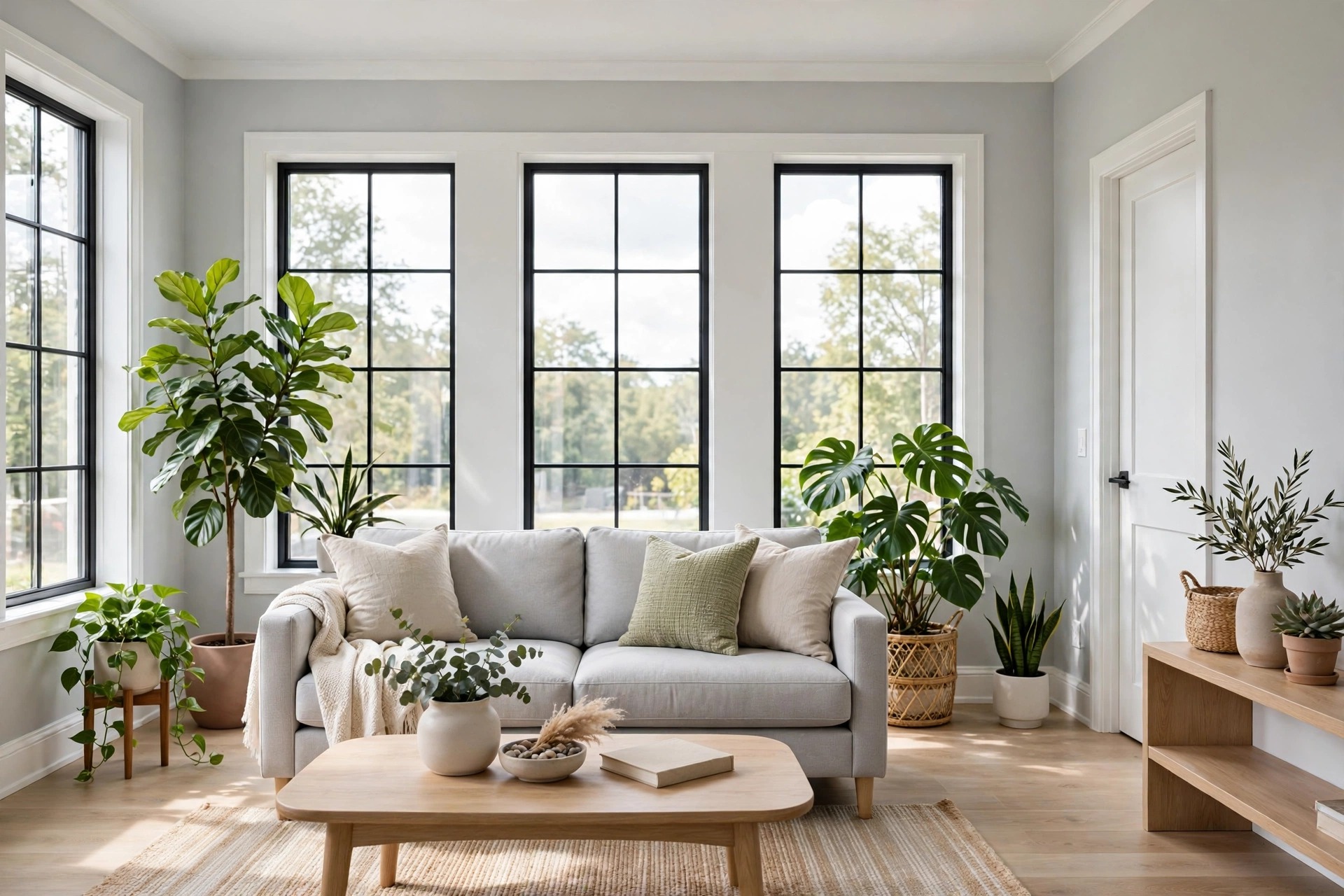 Freshly painted living room with light grey walls after interior painting in Niagara