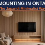 Japandi living room TV mounting in Ontario: minimalist slat panel TV wall