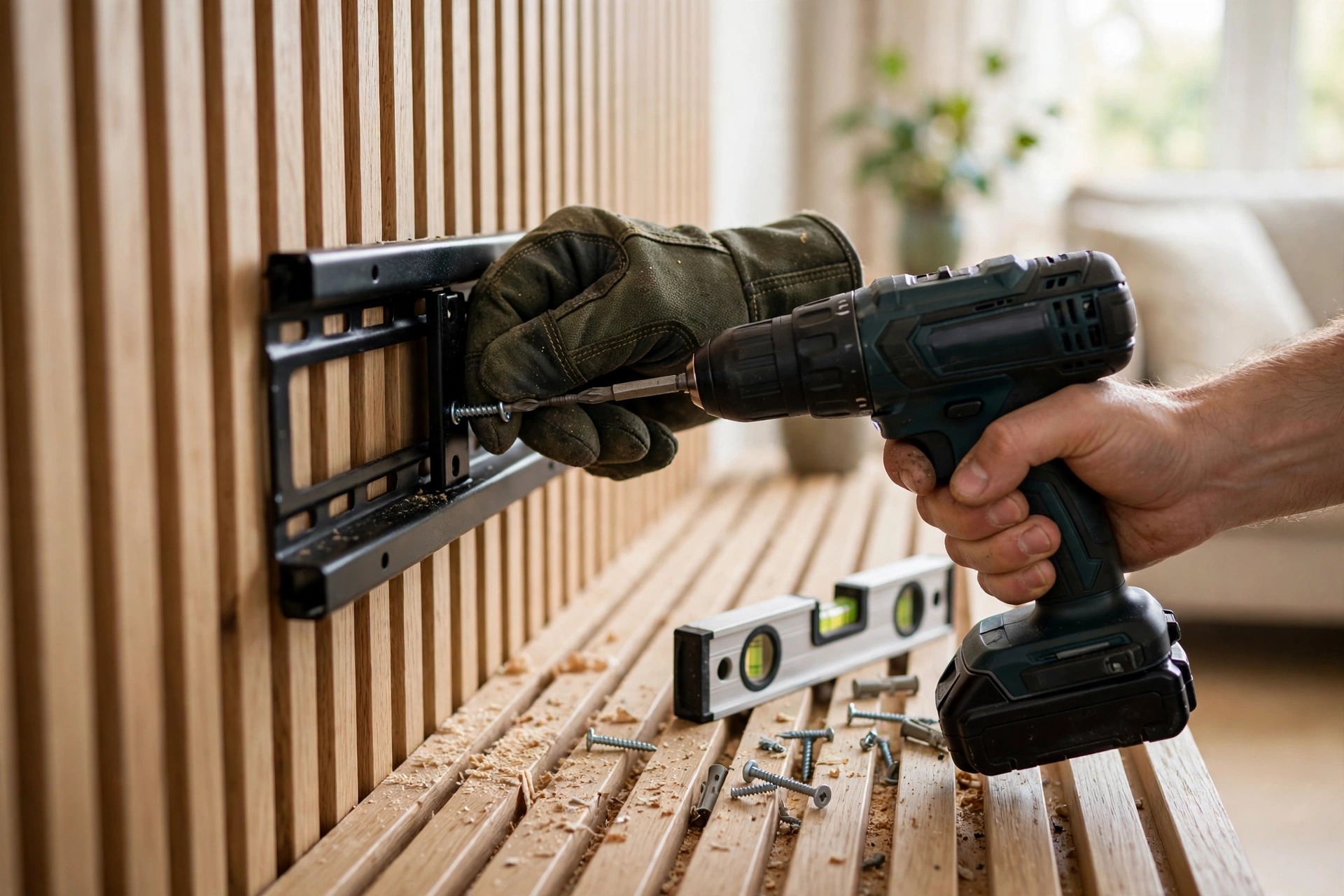 Professional TV mounting Ontario: installer drilling a TV wall bracket into an oak slat panel wall