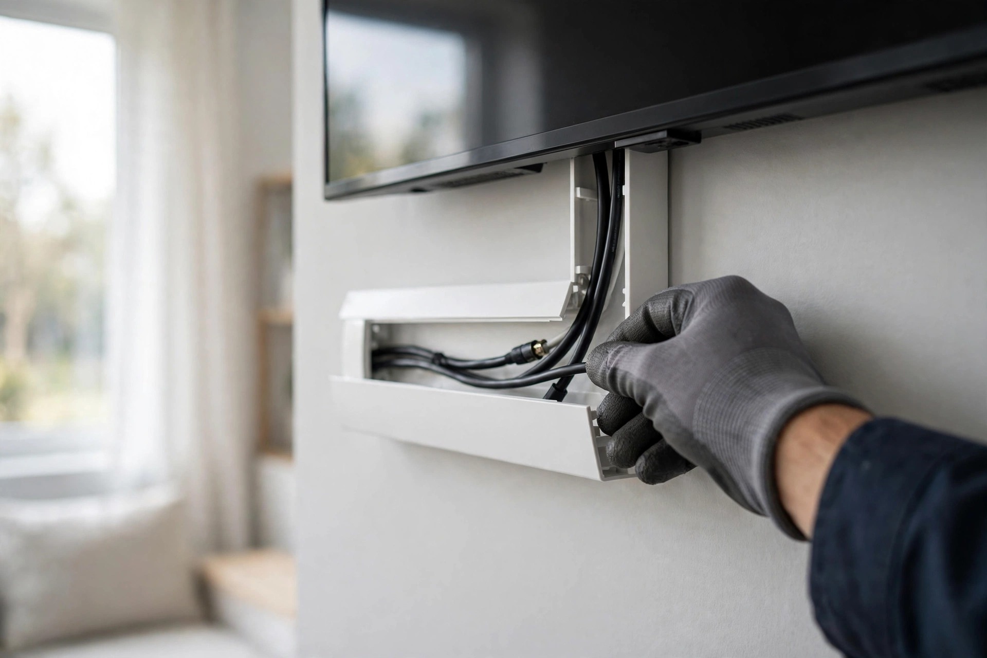 TV mounting Ontario: technician hiding TV cables in an in-wall concealment channel for a clean minimalist look
