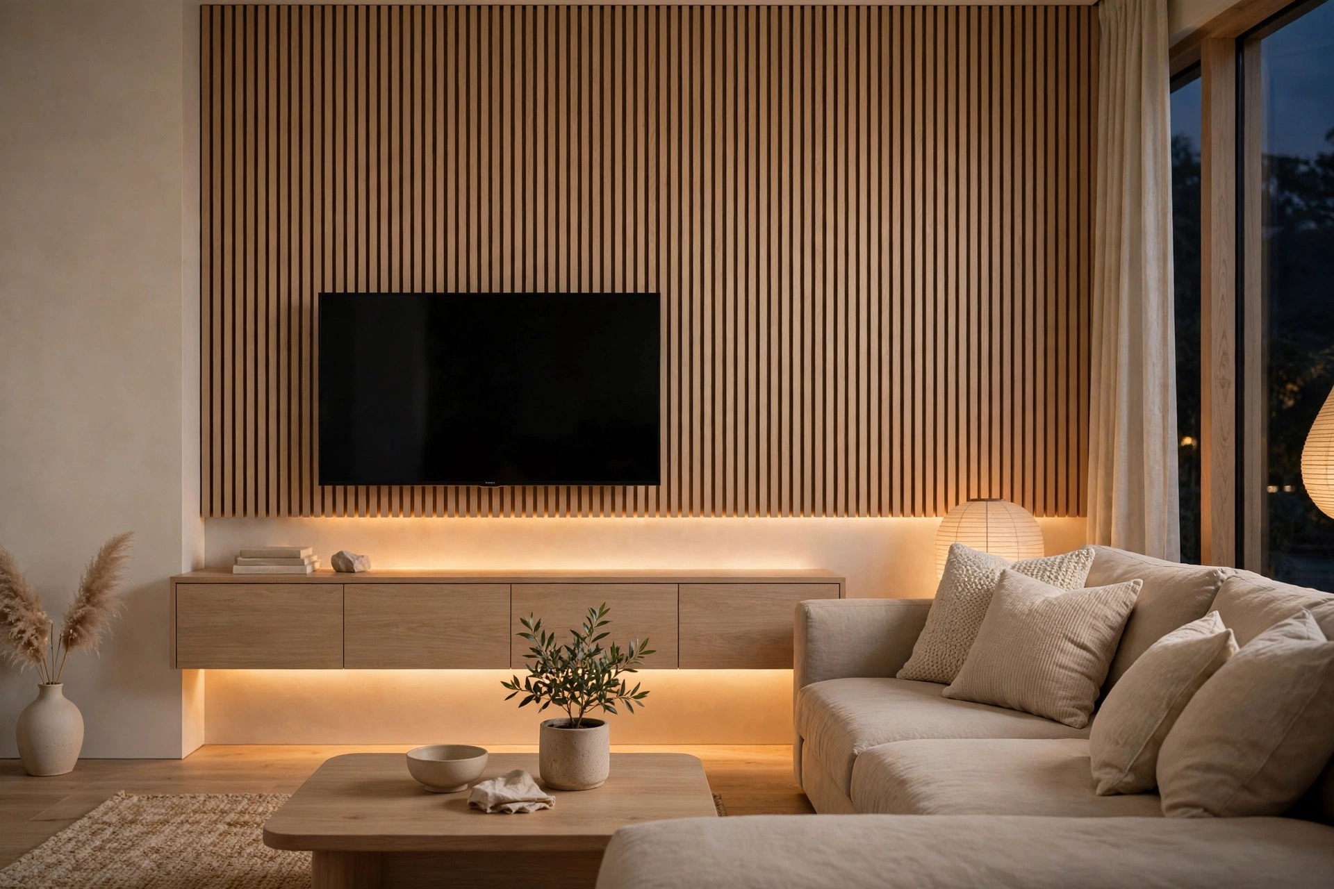 Finished Japandi living room in Ontario with wall-mounted TV, floating oak cabinet and warm LED lighting