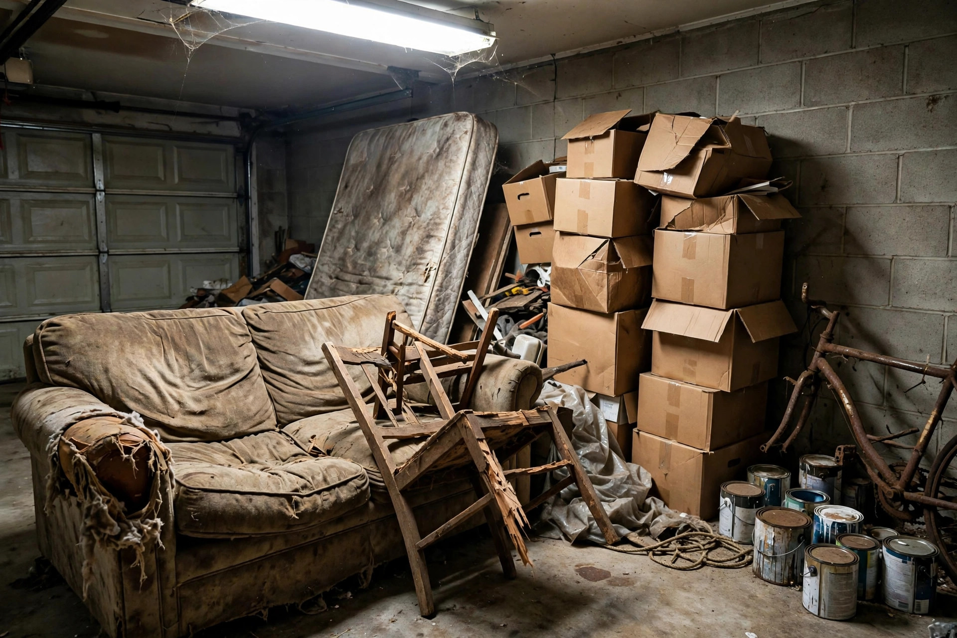 Cluttered garage in Fort Erie before junk removal service