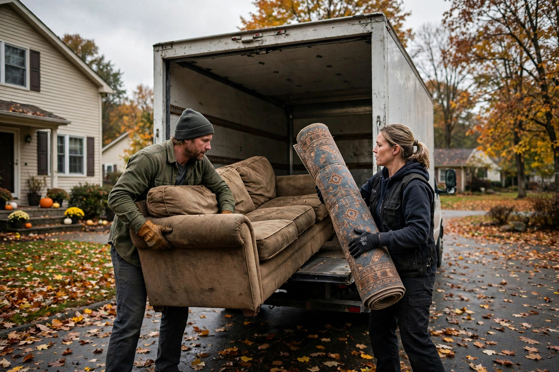 Junk removal crew loading old furniture into truck in Fort Erie