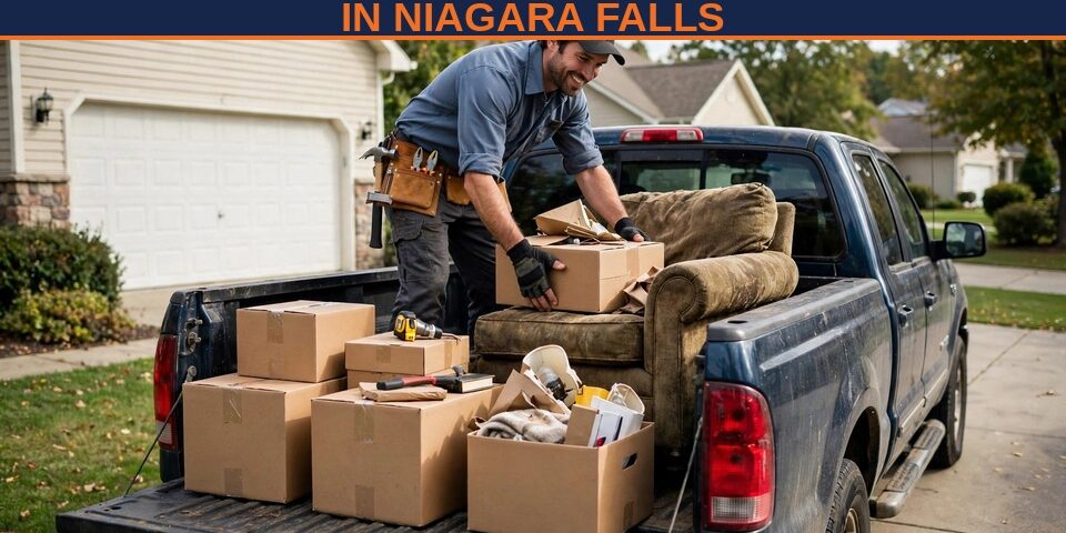 Junk removal in Niagara Falls — BuildNest handyman loading furniture and boxes into a work truck