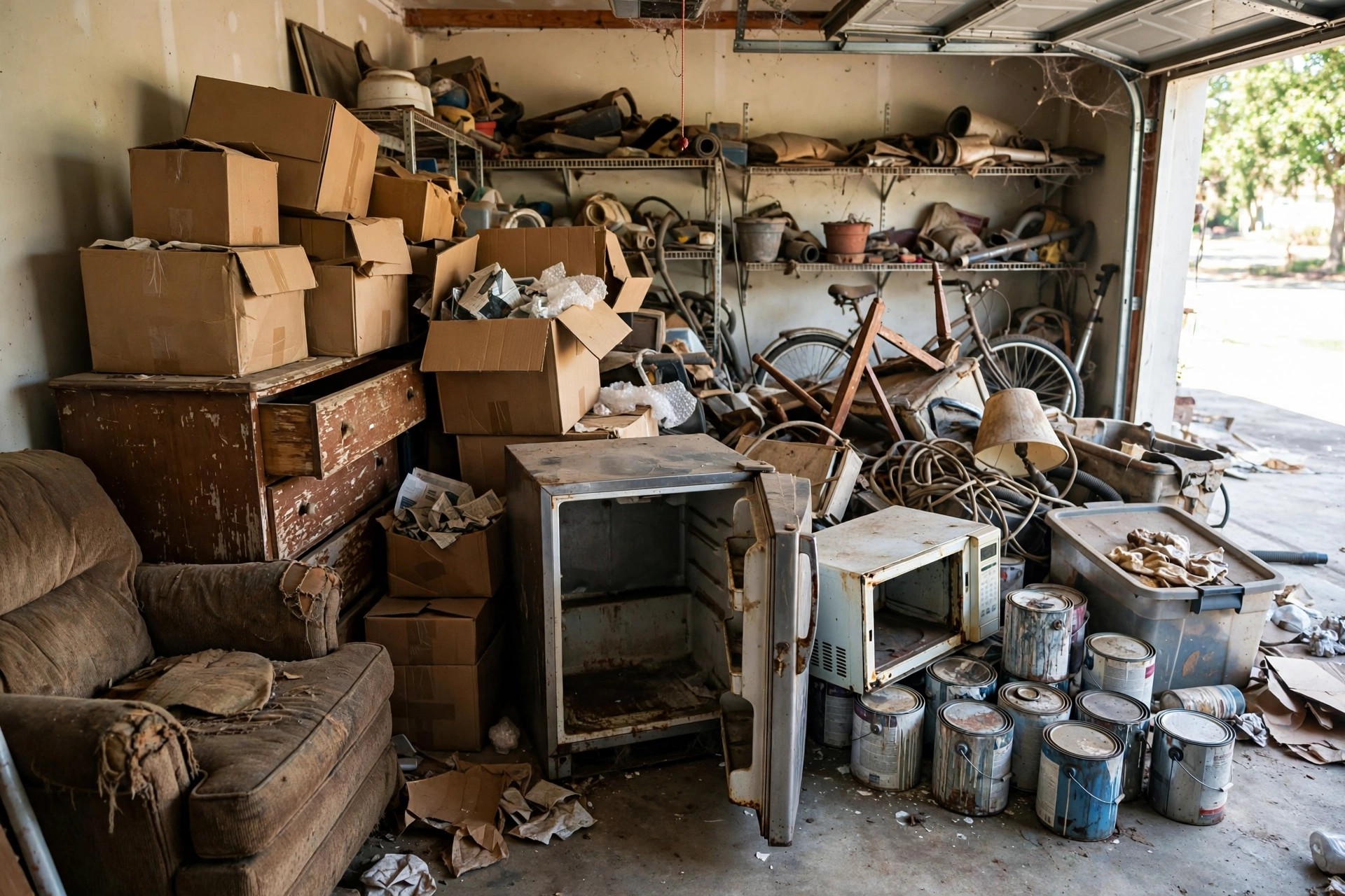 Cluttered Niagara Falls garage with old furniture and boxes before junk removal