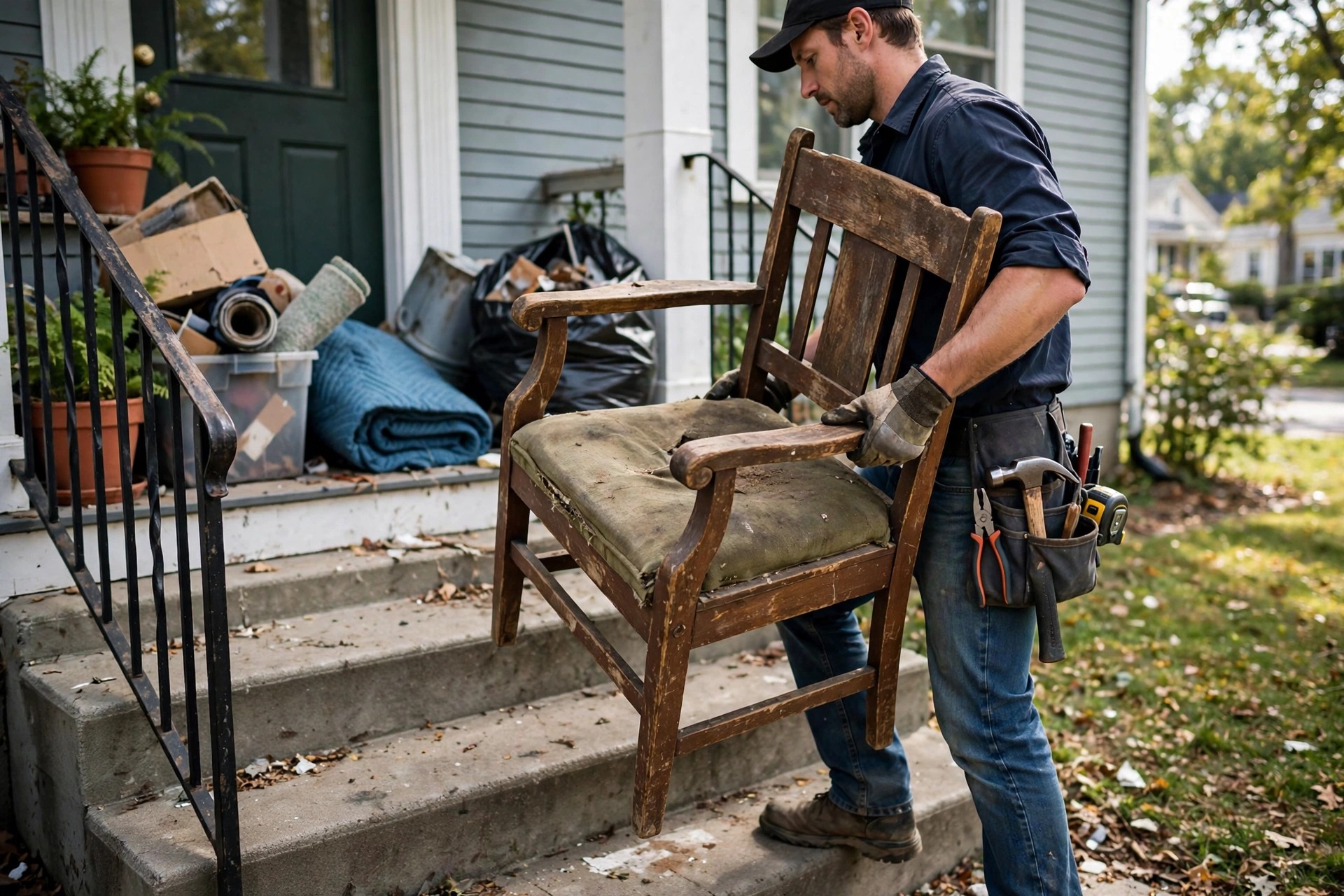 Handyman carrying a worn armchair out of a Niagara Falls home during junk removal