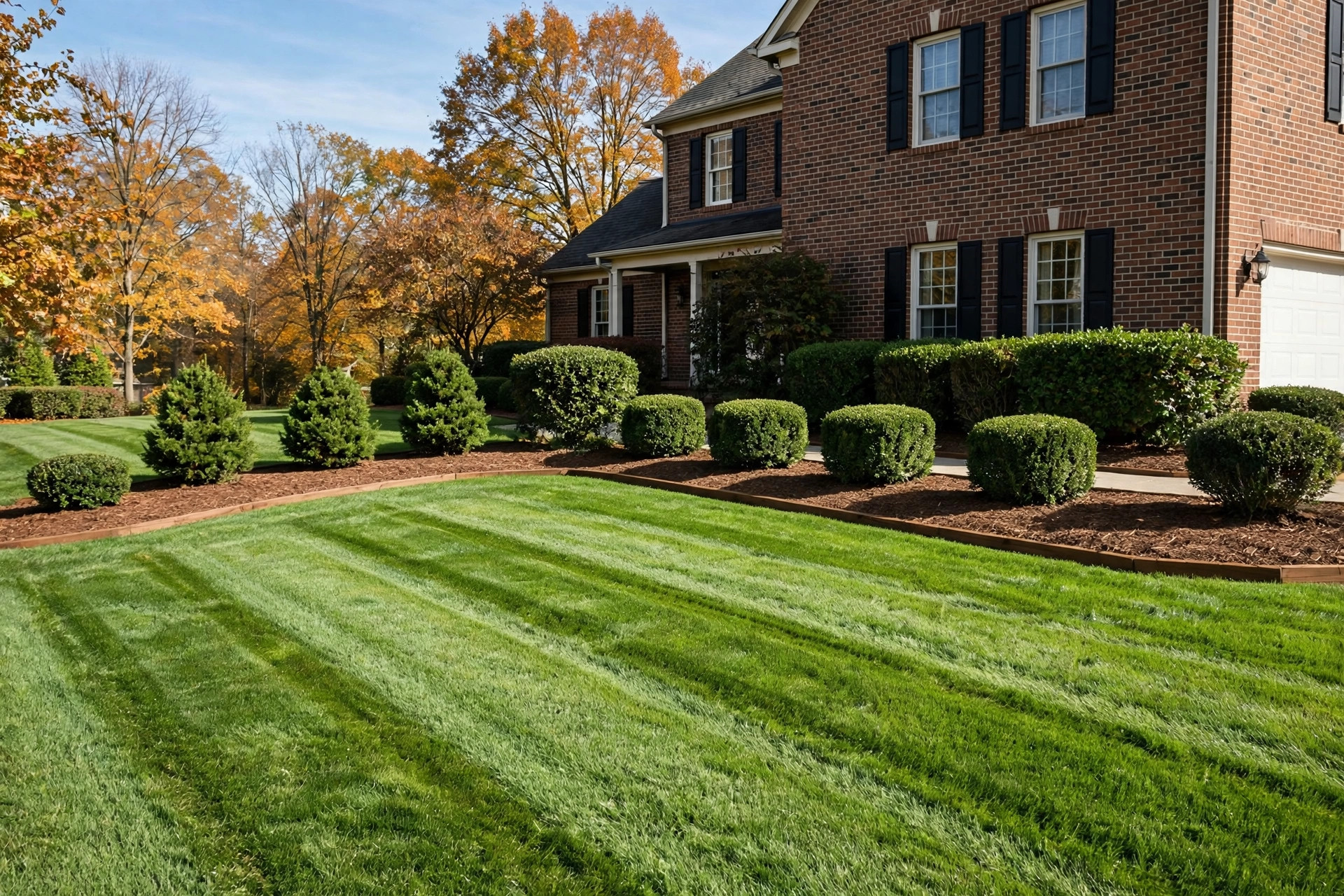 Freshly mowed lawn with crisp stripes and mulched beds after professional lawn maintenance in Niagara Falls