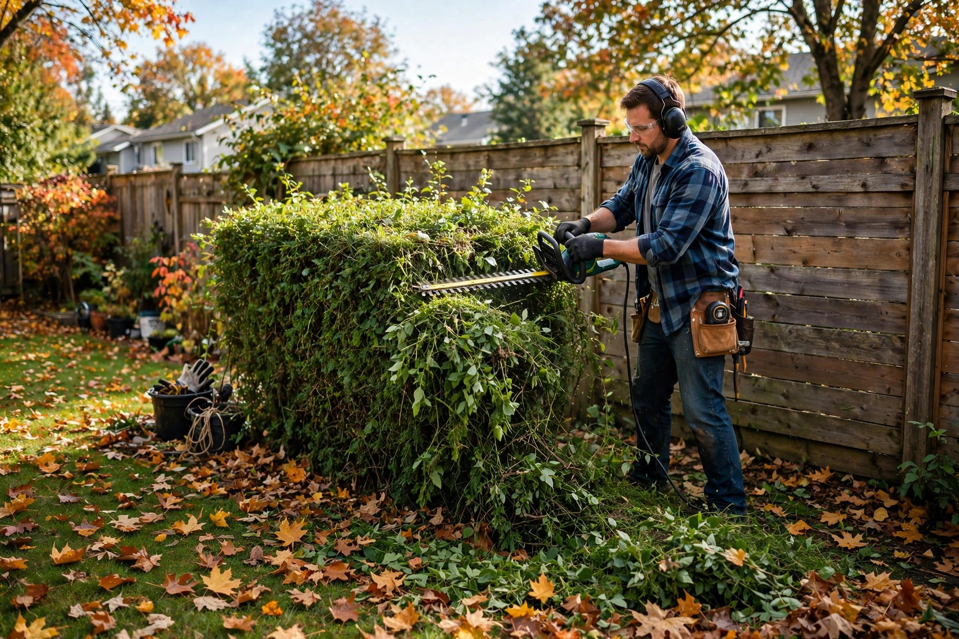 Handyman trimming an overgrown hedge with electric hedge trimmers during lawn maintenance in Niagara Falls