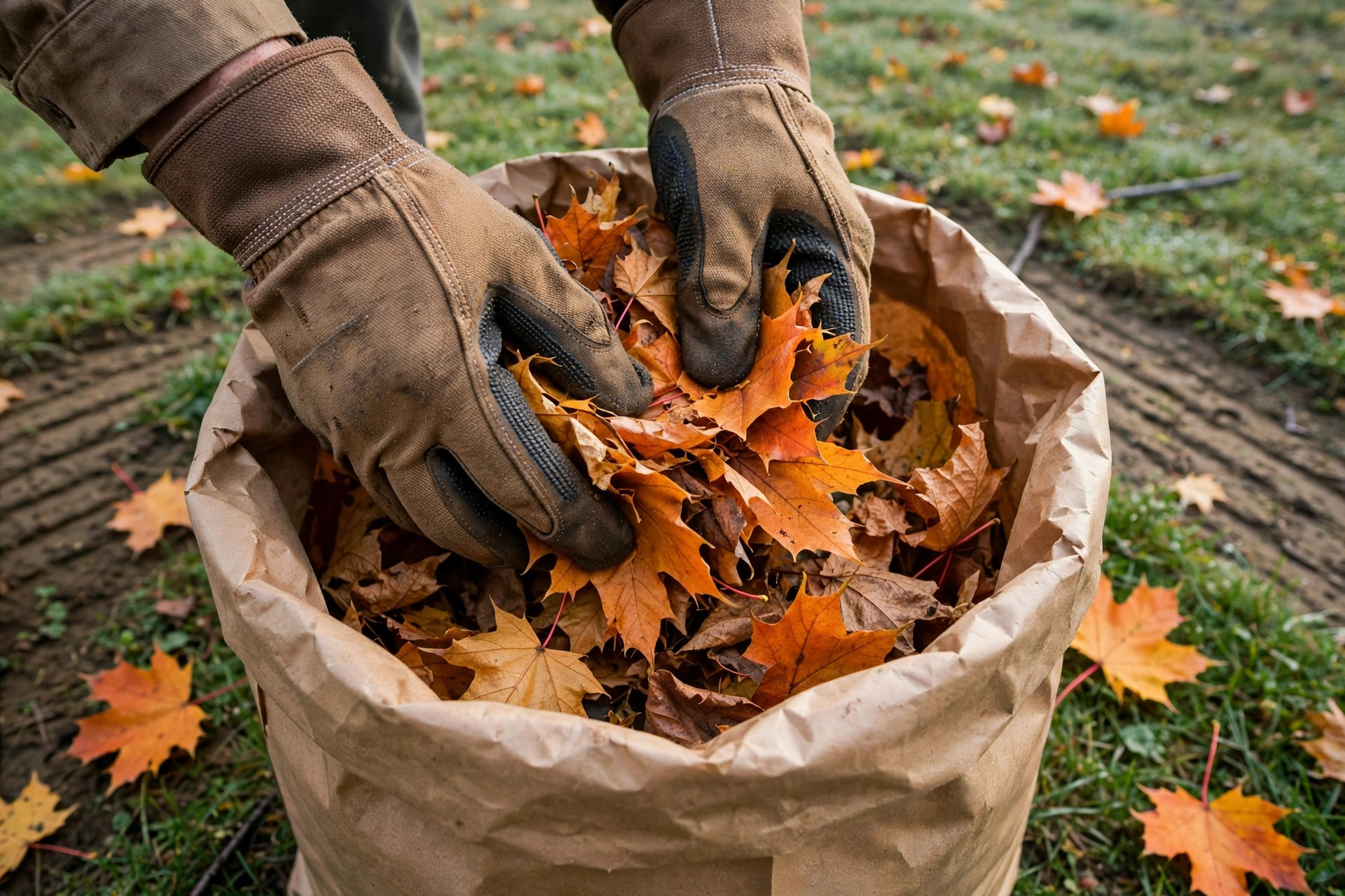Handyman bagging fallen maple leaves into a paper yard-waste bag during fall lawn maintenance in Niagara Falls
